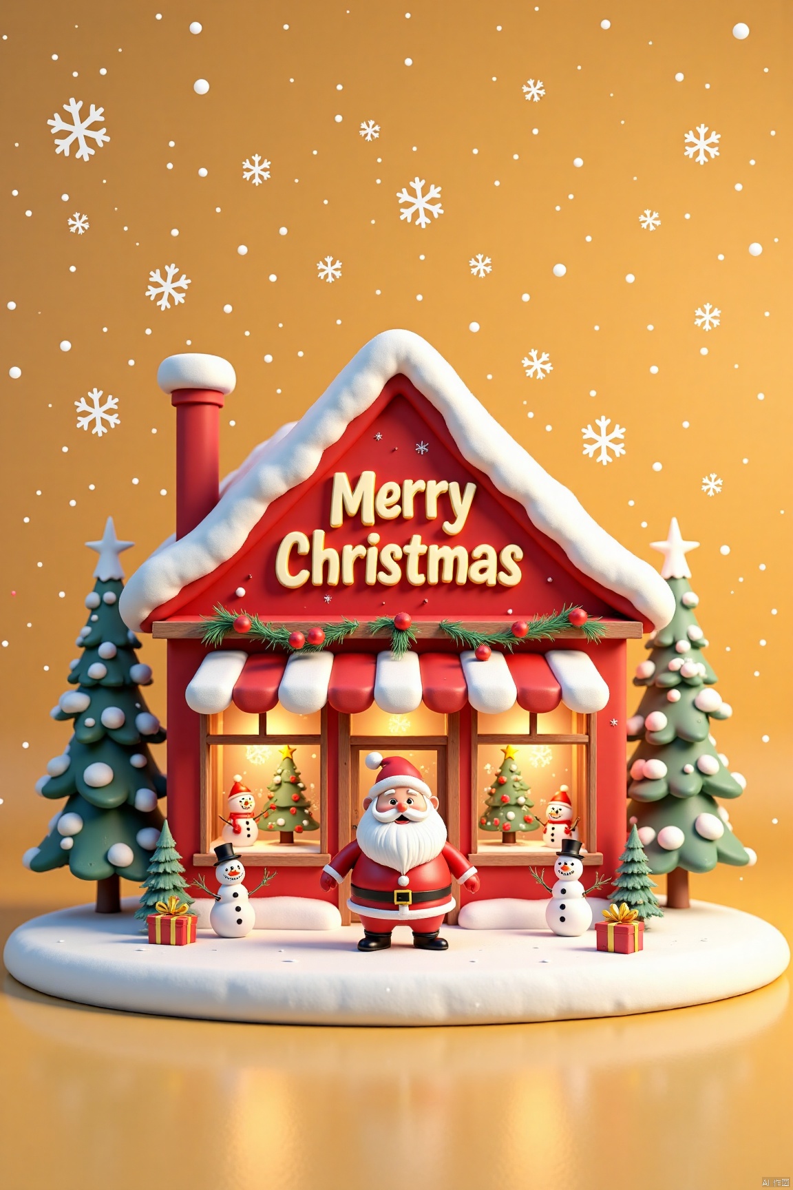 with "Merry Christmas",top view,surreal scene,Christmas,3D cartoon style,digital illustration of a rural,Christmas store,clear glass. Above it says:a huge logo surrounded by Snow. The sky is gold with snowflakes floating above the store,there is a cute Santa Claus in front of the store,elves and snowmen on the stage,and the poster has a dark gold background. There is a small gift box next to it,,3d,oc rendering,c4d