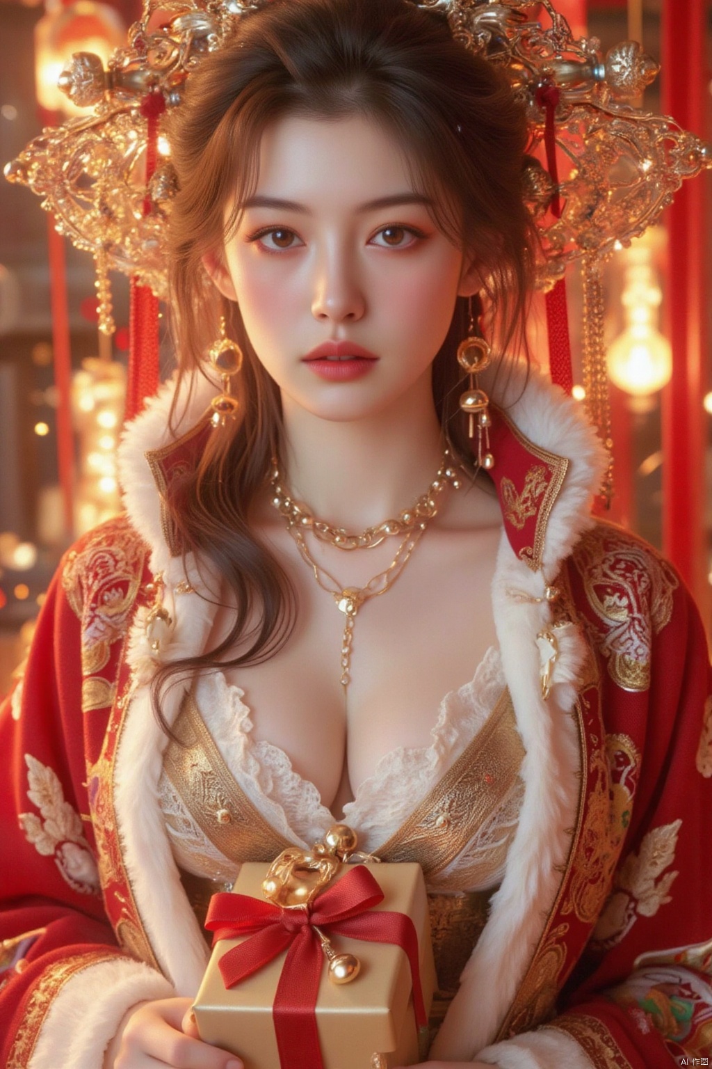 A charming Asian woman with a voluminous, wavy bob in a warm light gold hue is captured in a Santa costume that adds a playful touch to her look. She stands with her hands casually at her sides, her gaze direct and engaging, while a golden Christmas bell is artfully positioned between her breasts. The camera captures her from a high angle, emphasizing the gift's placement and the soft curve of her bust, creating a festive and alluring image.photo taken with a Canon EOS R6 Mark II Mirrorless camera in the style of 35mm f/8 aperture, intricate details.dlrb,hsw,wet,water,beauty,anhei,large natural breast,huge Breasts,cleavage,soft breasts,shengdan