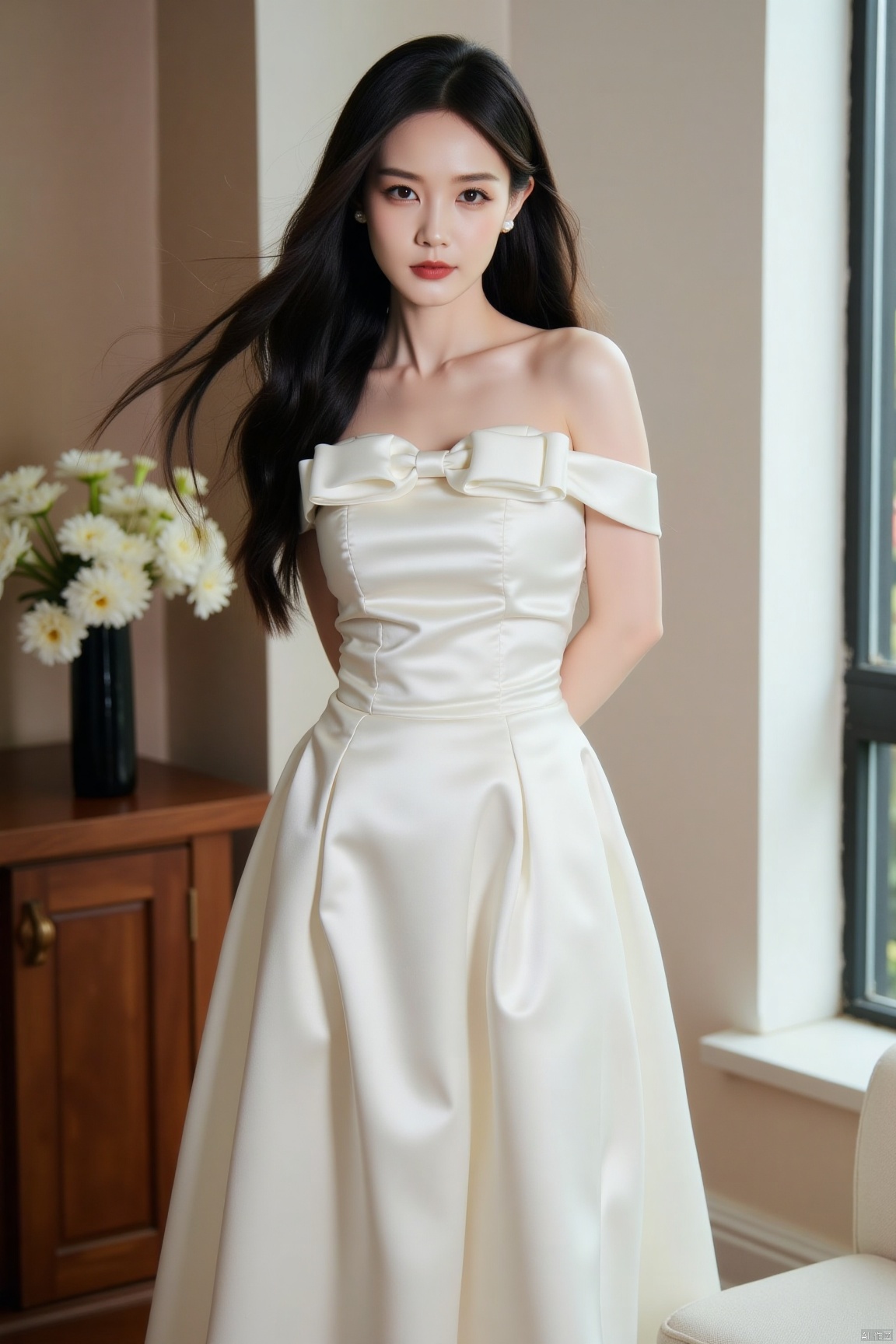 plns,lyt,1girl,solo,realistic,flower, white dress, long hair, arm behind back, standing, indoors, looking at viewer, window, bare shoulders, long dress, masterpiece, realistic, best quality, highly detailed,plns,lyt