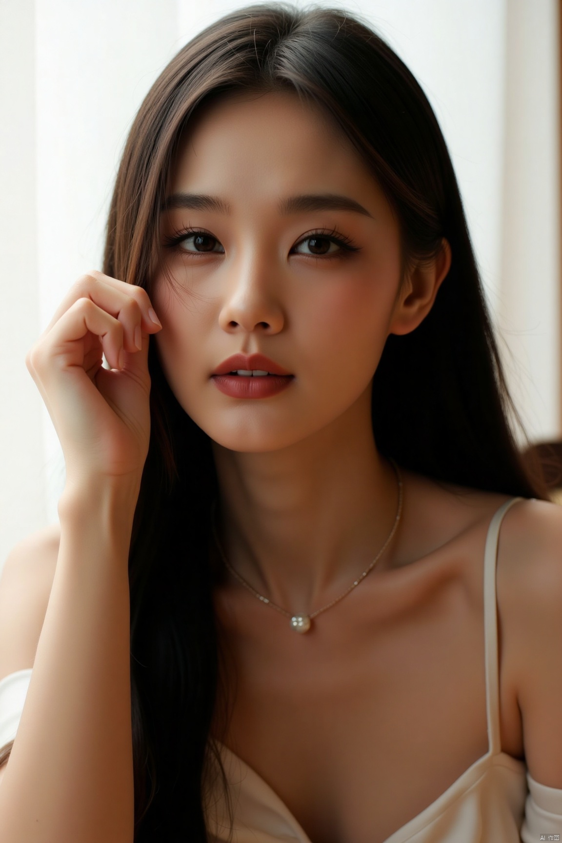 photorealistic,1girl,long hair,asian,pretty,looking away,Confident and lively,background light,masterpiece, realistic, best quality, highly detailed,plns,lyt