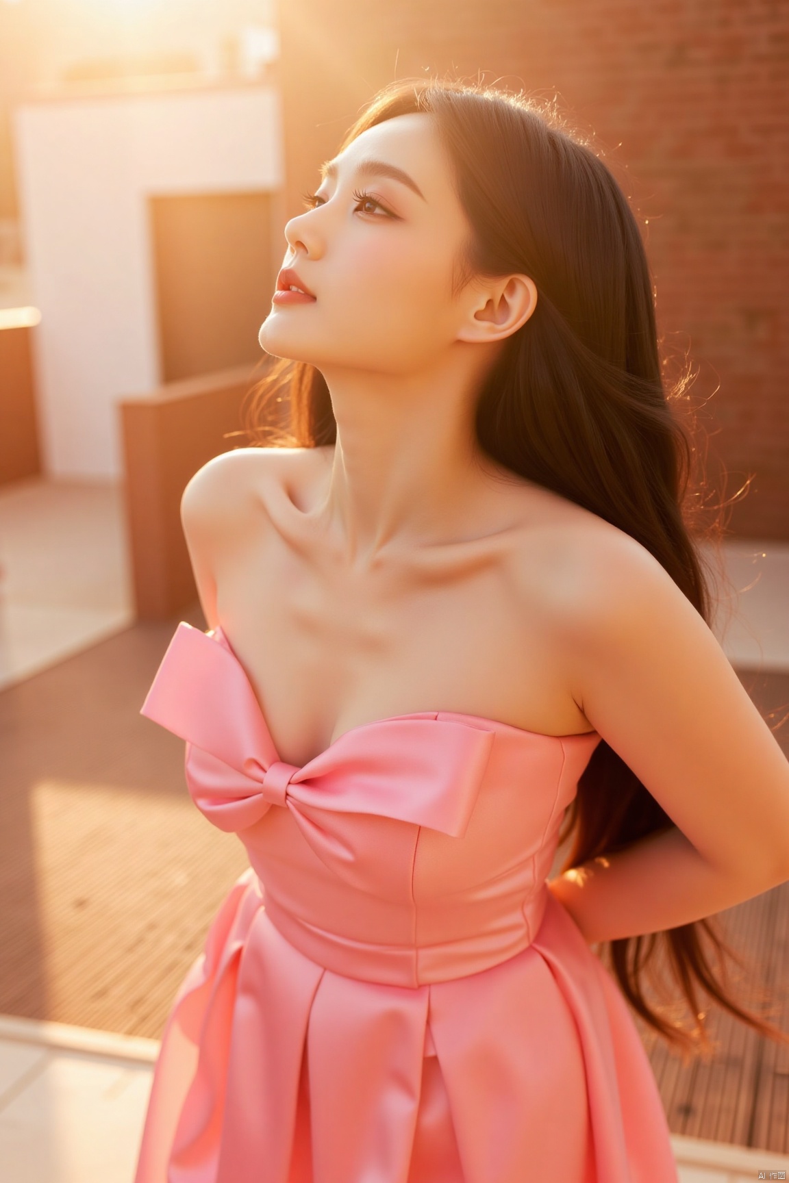 plns,lyt,1girl,solo,realistic,long hair, parted lips, bare shoulders, looking up,big breast,Cleavage,pink dress, off shoulders, profile,background light,sunlight,masterpiece, realistic, best quality, highly detailed,plns,lyt
