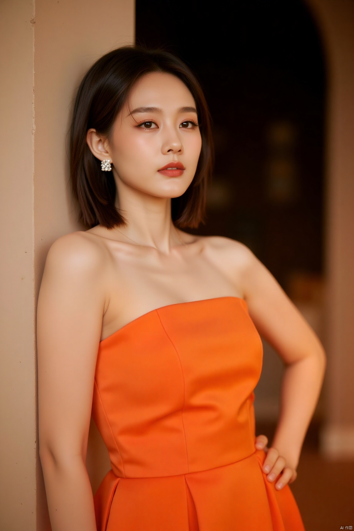 plns,lyt,1girl,solo,realistic,jewelry, earrings, bare shoulders, strapless, strapless dress, short hair, looking at viewer, portrait, orange dress, blurry background,masterpiece, realistic, best quality, highly detailed,plns,lyt