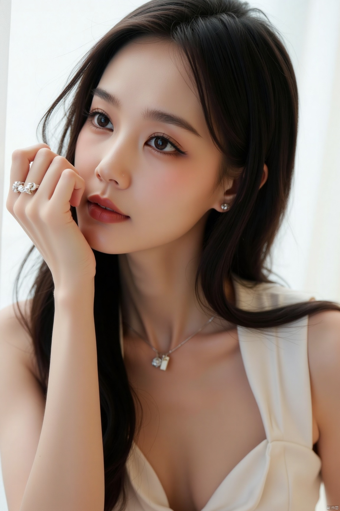 photorealistic,1girl,long hair,asian,pretty,looking away,Confident and lively,background light,masterpiece, realistic, best quality, highly detailed,plns,lyt