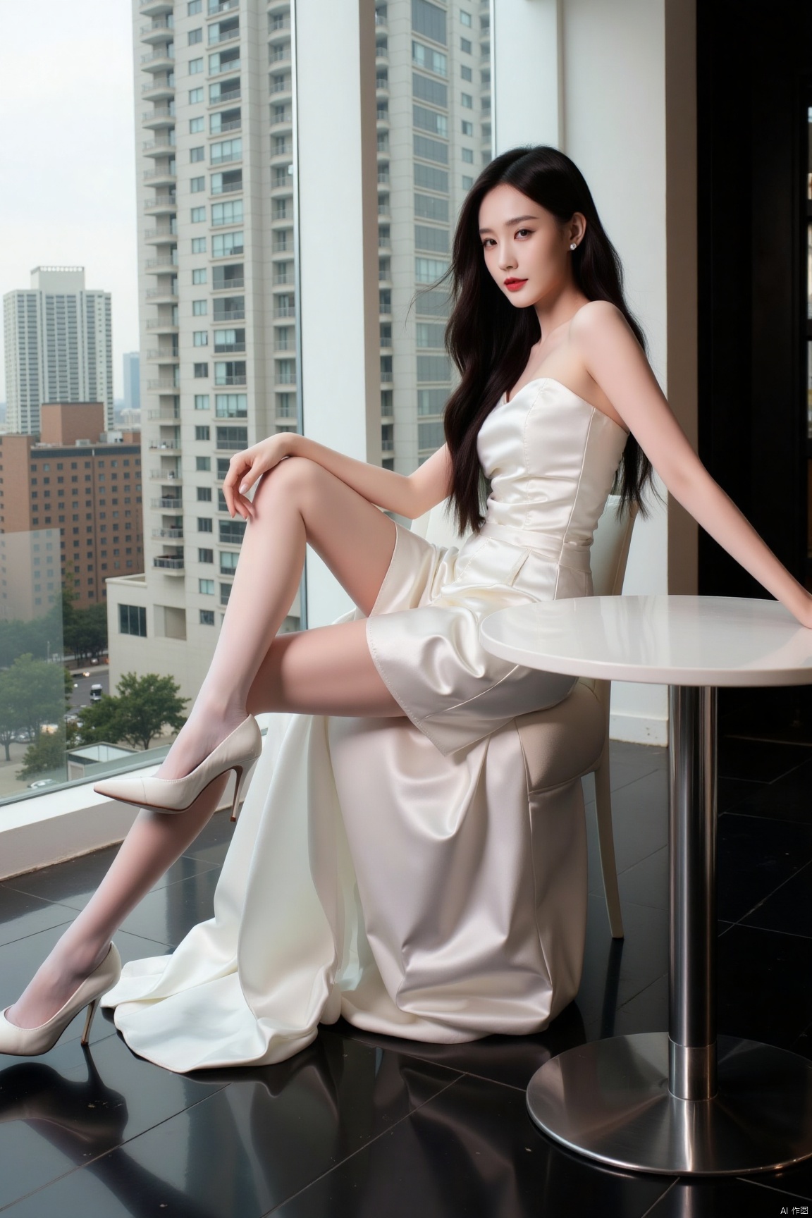 photorealistic,1girl,long hair,asian,pretty,looking away,Confident and lively,white dress, glossy pantyhose,white pantyhose,white stiletto heels,sitting,cafe,building,city,Romantic,from below,magnificent,masterpiece, realistic, best quality, highly detailed,plns,plsw,cher,