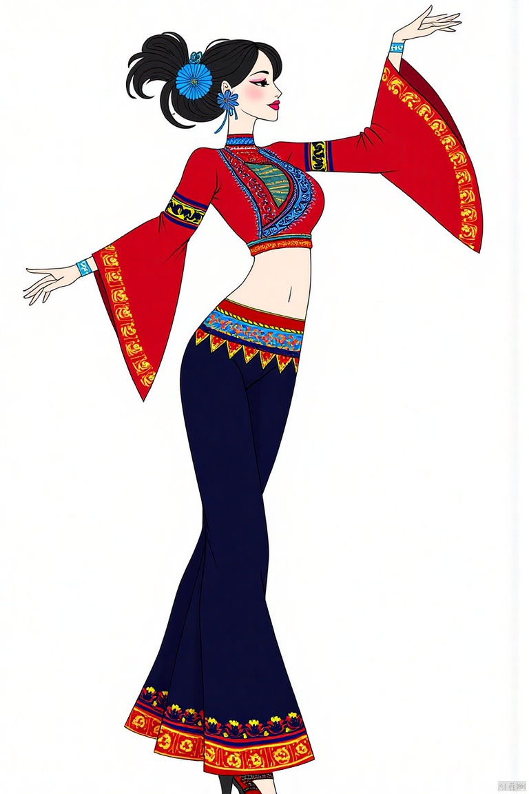 SK, A stylized illustration depicts a young black haired woman dressed in Hanfu, dancing, and with a slim figure,