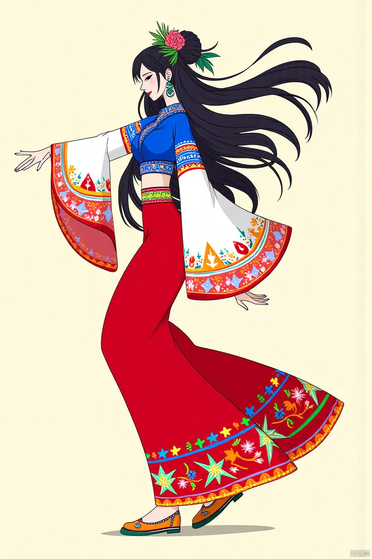 SK, A stylized illustration depicts a young black haired woman dressed in Hanfu, dancing, and with a slim figure,