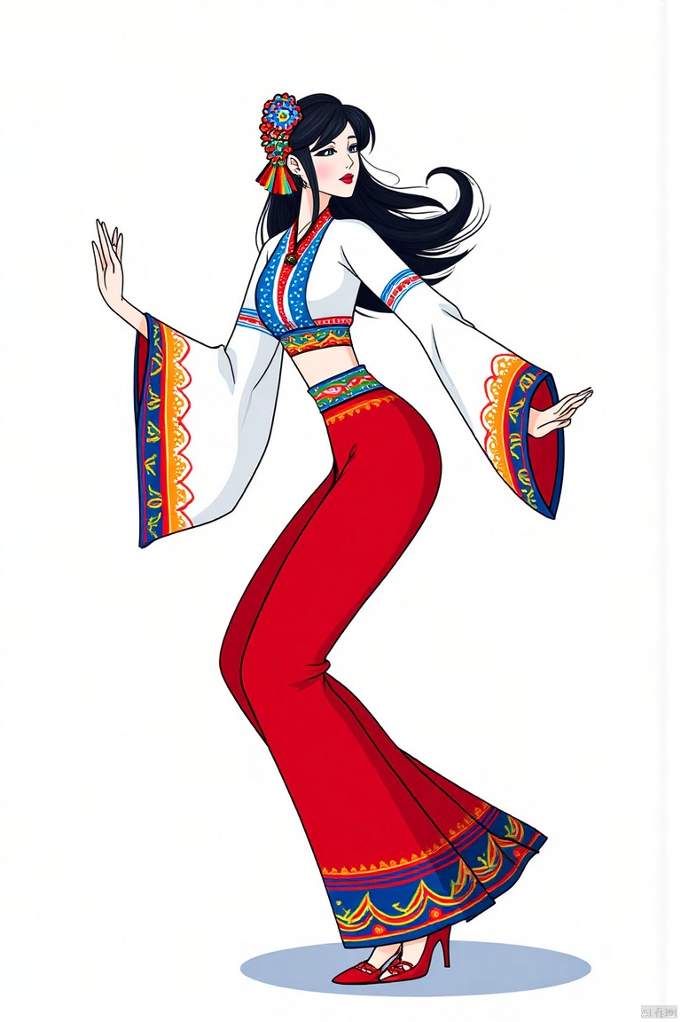 SK, A stylized illustration depicts a young black haired woman dressed in Hanfu, dancing, and with a slim figure,