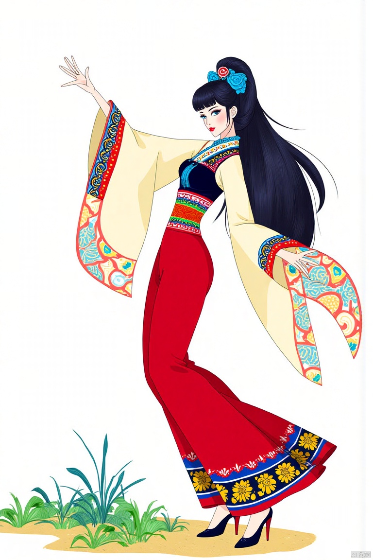 SK, A stylized illustration depicts a young black haired woman dressed in Hanfu, dancing, and with a slim figure,