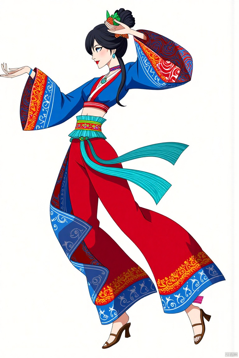 SK, A stylized illustration depicts a young black haired woman dressed in Hanfu, dancing, and with a slim figure,