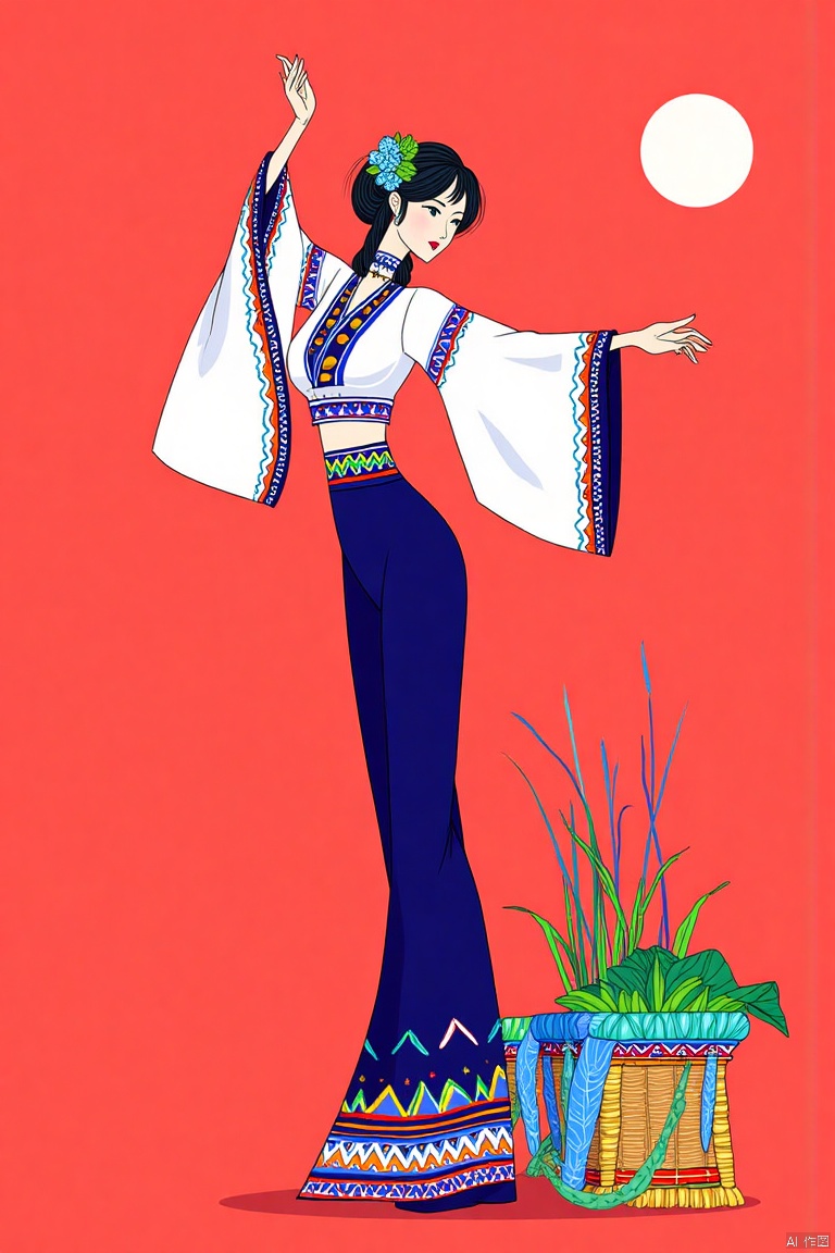 SK, A stylized illustration depicts a young black haired woman dressed in Hanfu, dancing, and with a slim figure,
