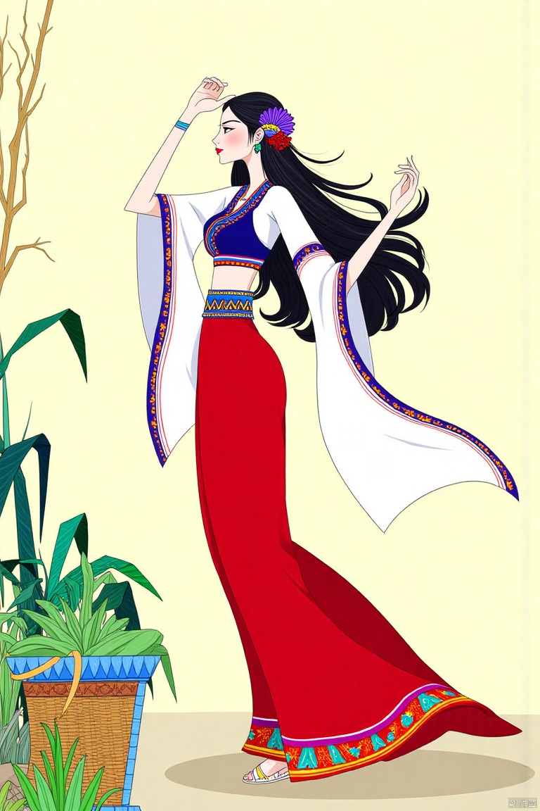 SK, A stylized illustration depicts a young black haired woman dressed in Hanfu, dancing, and with a slim figure,