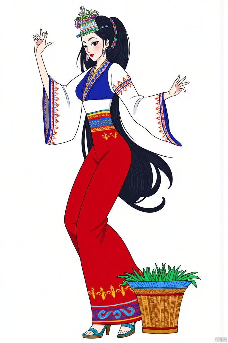 SK, A stylized illustration depicts a young black haired woman dressed in Hanfu, dancing, and with a slim figure,