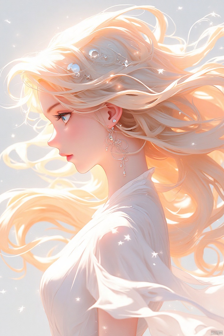 guanghui,color trace,
An animated image of a woman with long blonde hair. The woman's hair is blowing in the wind and she is wearing a white dress. Her ear is adorned with silver studs. Her eyes are blue and her lips are pink. The background is a light gray color. There are white stars in the air around her head.

