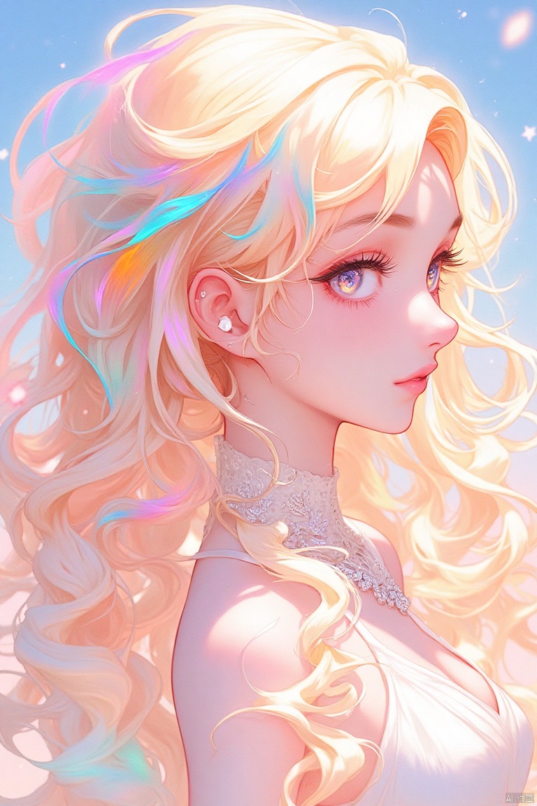 guanghui,color trace,
An animated image of a blonde woman with long, wavy blonde hair. The woman's hair is adorned with pink, orange, and blue swirls. She is wearing a white dress with a silver chain around her neck. The background is a light blue sky with white stars.

