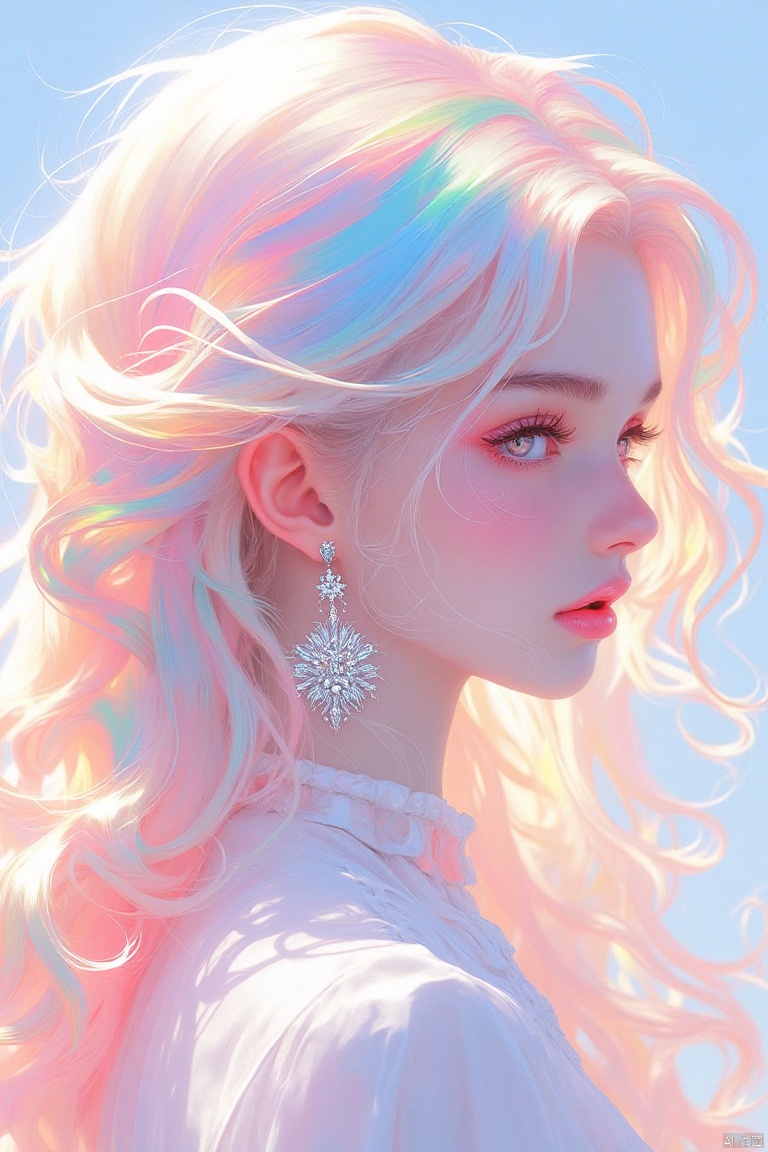 guanghui,color trace,
A digital painting of a woman with long, wavy blonde hair. The woman's hair is a mix of pink, blue, and yellow. The background is a light blue color. The hair is wavy and cascades over her shoulders. She is wearing a white dress with a white collar. She has a large silver earring hanging from her ear. The earring has small white stars on it.


