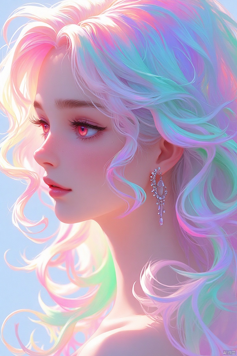 guanghui,color trace,
An animated image of a woman with long, wavy blonde hair. The woman's hair is a mix of pink, purple, green, and blue. Her eyes are a deep red, and her lips are a lighter shade of pink. Her hair is cascading down her back. She is wearing a pair of earrings, and the earrings are adorned with small stones. The background is a pale blue.

