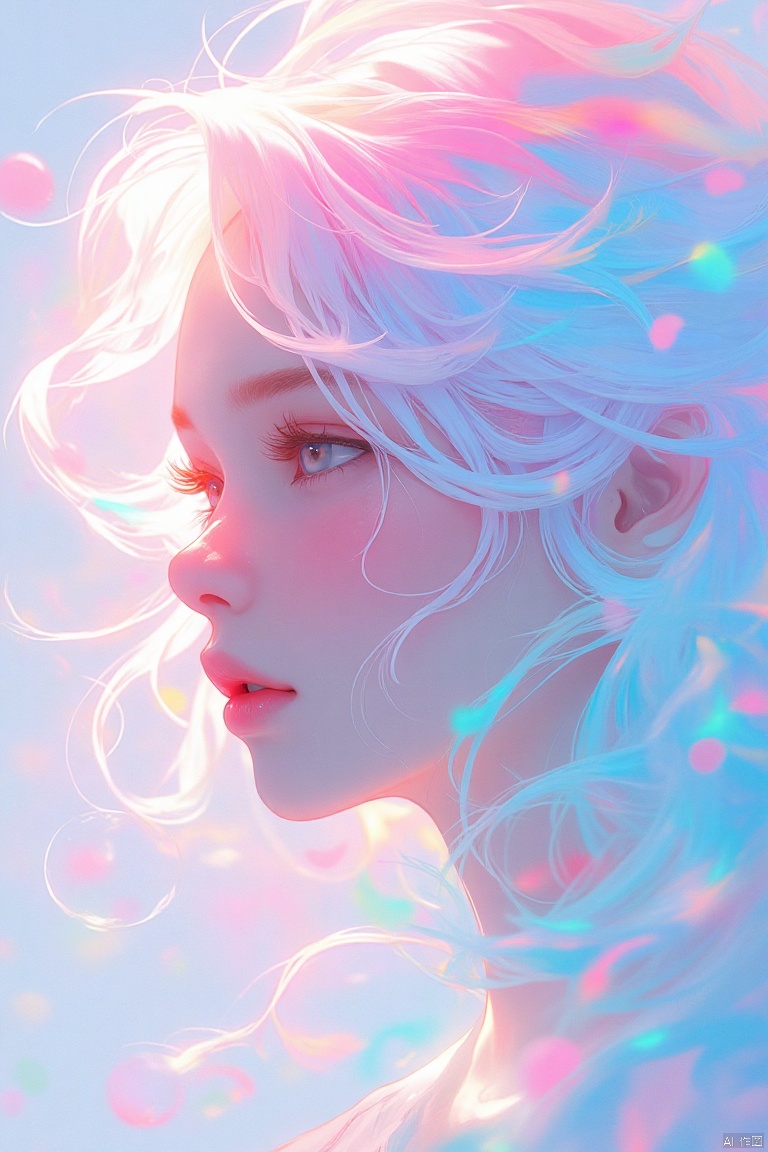 guanghui,color trace,animated image,
An eye-level view of a woman's face, the woman's head is covered in a pinkish-pink tint, and her hair cascades over her shoulders. The woman's eyes are open, and she's looking to the left side of the frame. Her hair is a mix of white, pink, and blue, and there are a lot of bubbles floating around her, adding a touch of color to the scene.


