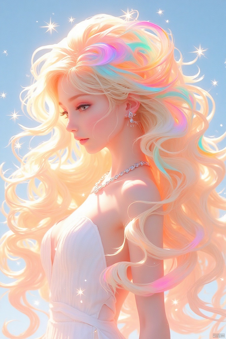 guanghui,color trace,
An animated image of a blonde woman with long, wavy blonde hair. The woman's hair is adorned with pink, orange, and blue swirls. She is wearing a white dress with a silver chain around her neck. The background is a light blue sky with white stars.

