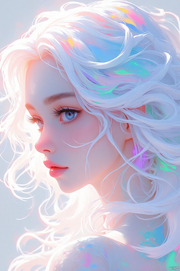guanghui,color trace,animated image,
A digital art painting of a woman with long white hair. The woman's face is white and her eyes are blue. Her hair is wavy and cascades over her shoulders. Her eyebrows are brown and her lips are pink. The background is a mix of pink, blue, green, yellow, and purple colors.



