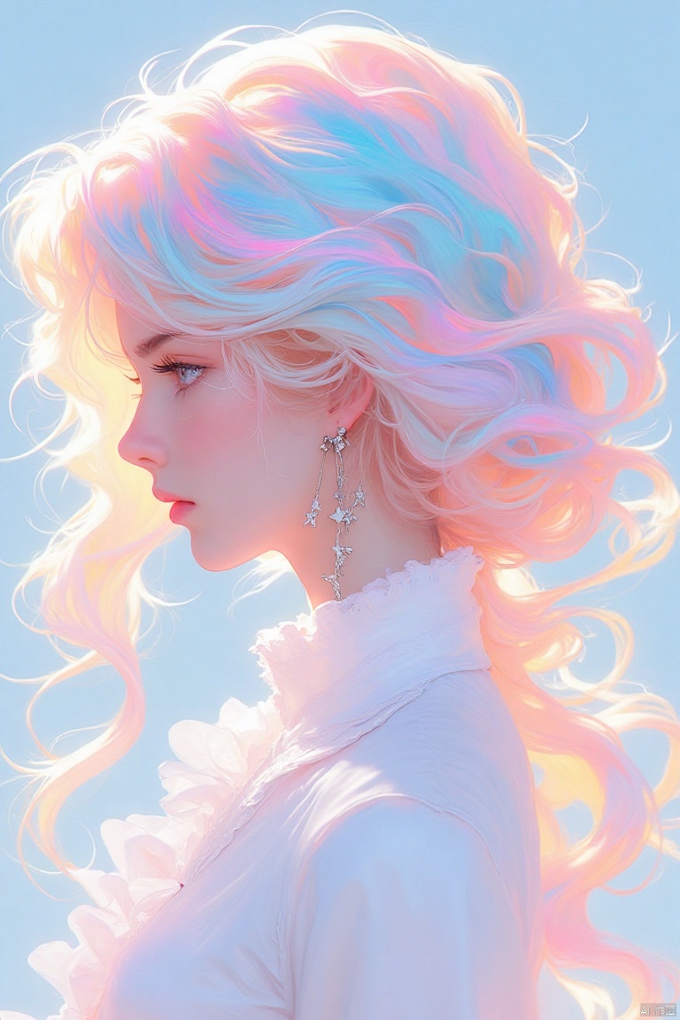 guanghui,color trace,
A digital painting of a woman with long, wavy blonde hair. The woman's hair is a mix of pink, blue, and yellow. The background is a light blue color. The hair is wavy and cascades over her shoulders. She is wearing a white dress with a white collar. She has a large silver earring hanging from her ear. The earring has small white stars on it.


