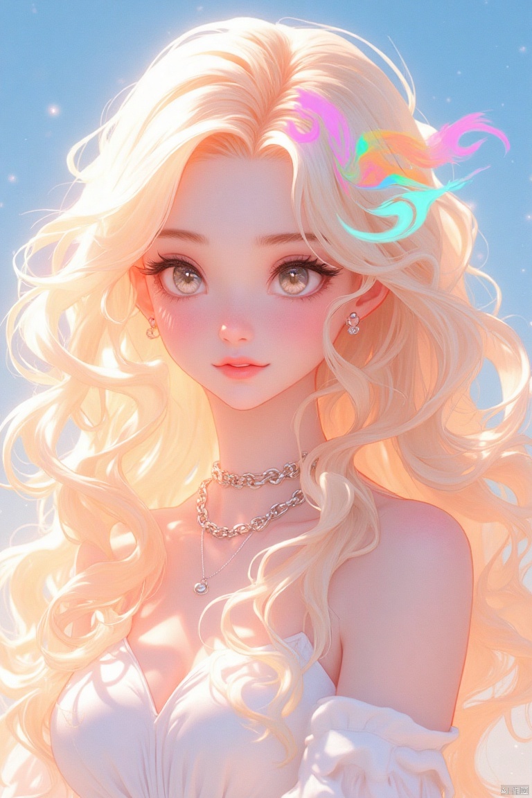 guanghui,color trace,
An animated image of a blonde woman with long, wavy blonde hair. The woman's hair is adorned with pink, orange, and blue swirls. She is wearing a white dress with a silver chain around her neck. The background is a light blue sky with white stars.

