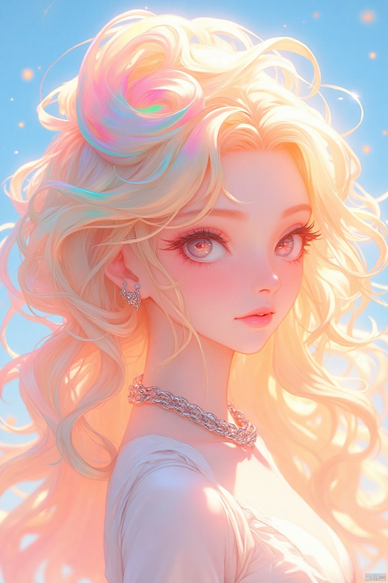 guanghui,color trace,
An animated image of a blonde woman with long, wavy blonde hair. The woman's hair is adorned with pink, orange, and blue swirls. She is wearing a white dress with a silver chain around her neck. The background is a light blue sky with white stars.

