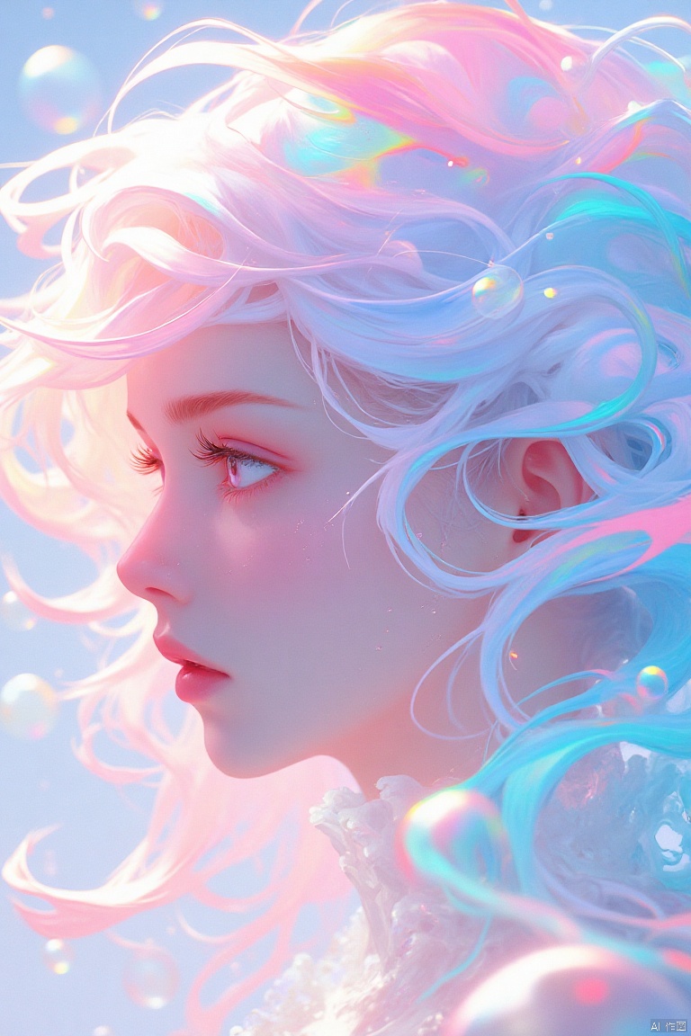 guanghui,color trace,animated image,
An eye-level view of a woman's face, the woman's head is covered in a pinkish-pink tint, and her hair cascades over her shoulders. The woman's eyes are open, and she's looking to the left side of the frame. Her hair is a mix of white, pink, and blue, and there are a lot of bubbles floating around her, adding a touch of color to the scene.

