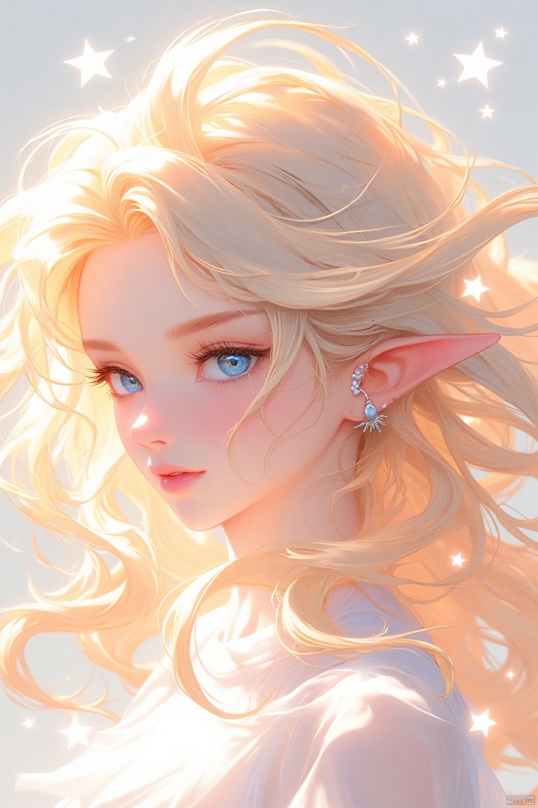 guanghui,color trace,
An animated image of a woman with long blonde hair. The woman's hair is blowing in the wind and she is wearing a white dress. Her ear is adorned with silver studs. Her eyes are blue and her lips are pink. The background is a light gray color. There are white stars in the air around her head.

