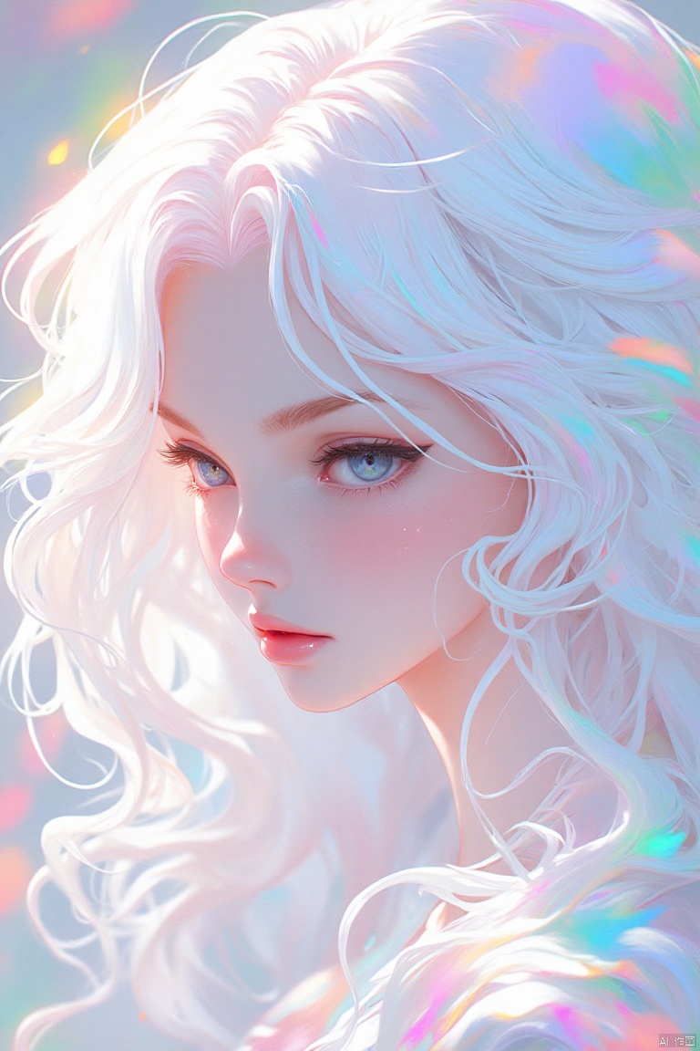 guanghui,color trace,animated image,
A digital art painting of a woman with long white hair. The woman's face is white and her eyes are blue. Her hair is wavy and cascades over her shoulders. Her eyebrows are brown and her lips are pink. The background is a mix of pink, blue, green, yellow, and purple colors.



