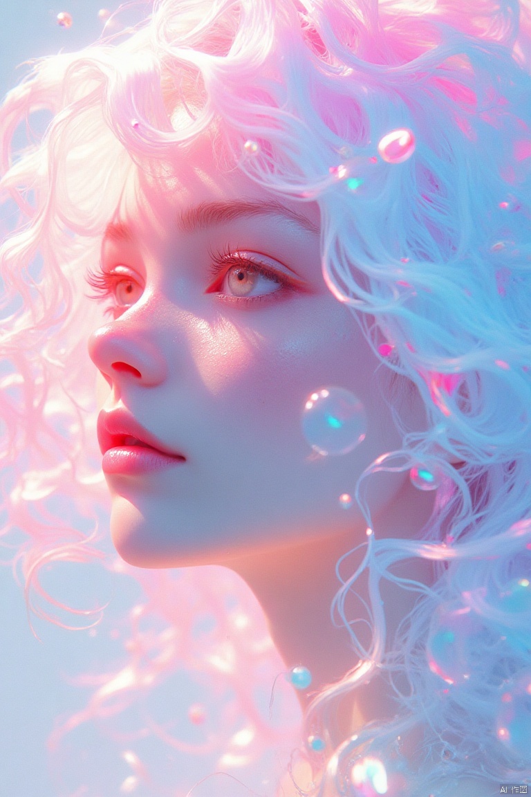 guanghui,color trace,
An eye-level view of a woman's face, the woman's head is covered in a pinkish-pink tint, and her hair cascades over her shoulders. The woman's eyes are open, and she's looking to the left side of the frame. Her hair is a mix of white, pink, and blue, and there are a lot of bubbles floating around her, adding a touch of color to the scene.

