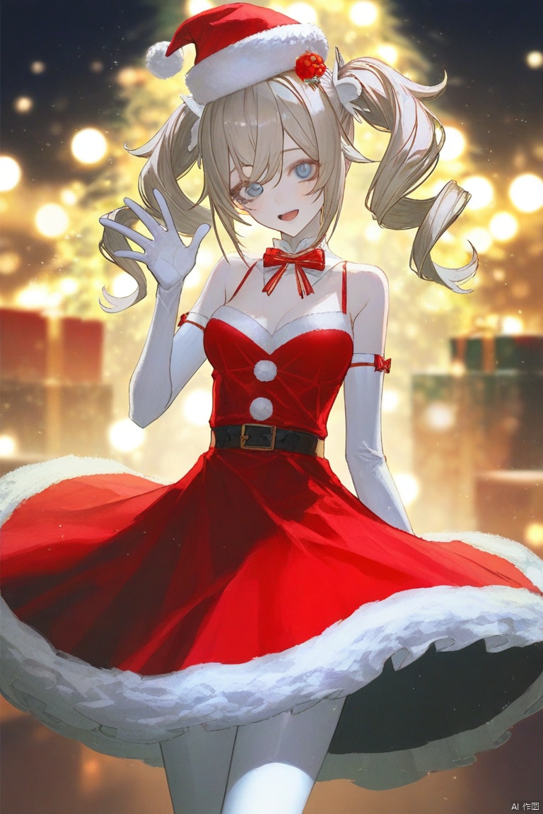 1girl, solo, long hair, breasts, looking at viewer, blush, smile, open mouth, blue eyes, blonde hair, gloves, hat, dress, bow, bare shoulders, twintails, pantyhose, elbow gloves, white gloves, drill hair, red dress, christmas, twin drills, white pantyhose, waving, barbara \(genshin impact\), eye trail,backlighting,depth of field,cinematic lighting,light particles,lens flare, (artist:quasarcake:0.8),extreme aesthetic,(wlop:0.6),honjou honjou raita,lack,rella,wanke, raita,lack,rella ,wanke,masterpiece,best quality,good quality,newest,year 2024,year 2023,very aesthetic,absurdres,Visual impact,A shot with tension, ultra-high resolution,32K UHD,sharp focus,best quality,masterpiece,Emotionalization,unconventional supreme masterpiece,masterful details,temperate atmosphere,with a high end texture,in the style of fashion photography, (Visual impact:1.2),giving the poster a dynamic and visually striking appearance,impactful picture,offcial art,colorful,splash of color,movie perspective, masterpiece,best quality,amazing quality,very aesthetic,absurdres,best quality,newest