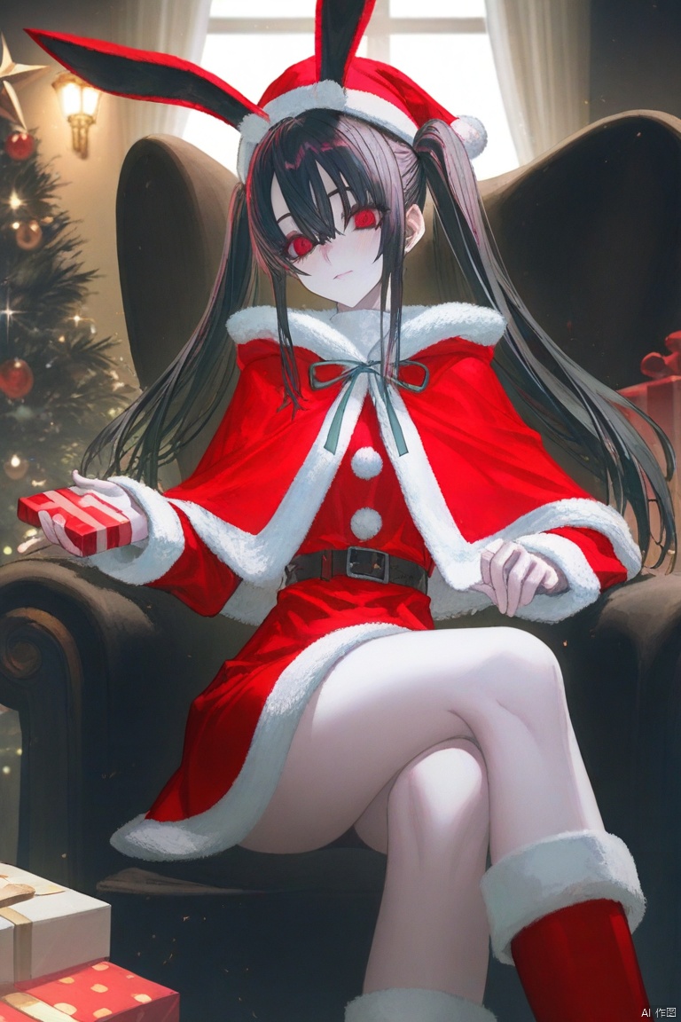 1girl, solo, long hair, looking at viewer, bangs, black hair, dress, animal ears, twintails, flower, indoors, rabbit ears, blurry, fur trim, capelet, blurry background, fake animal ears, rose, red dress, box, christmas, gift, santa hat, santa costume, realistic, gift box, christmas tree, eye trail,backlighting,depth of field,cinematic lighting,light particles,lens flare, (artist:quasarcake:0.8),extreme aesthetic,(wlop:0.6),honjou honjou raita,lack,rella,wanke, raita,lack,rella,wanke,masterpiece,best quality,good quality,newest,year 2024,year 2023,very aesthetic,absurdres,Visual impact,A shot with tension, ultra-high resolution,32K UHD,sharp focus,best quality,masterpiece,Emotionalization,unconventional supreme masterpiece,masterful details,temperate atmosphere,with a high end texture,in the style of fashion photography, (Visual impact:1.2),giving the poster a dynamic and visually striking appearance,impactful picture,offcial art,colorful,splash of color,movie perspective, masterpiece,best quality,amazing quality,very aesthetic,absurdres,best quality,newest,crossed legs,as ghost mode,gylm,wxst,OBzych,pink