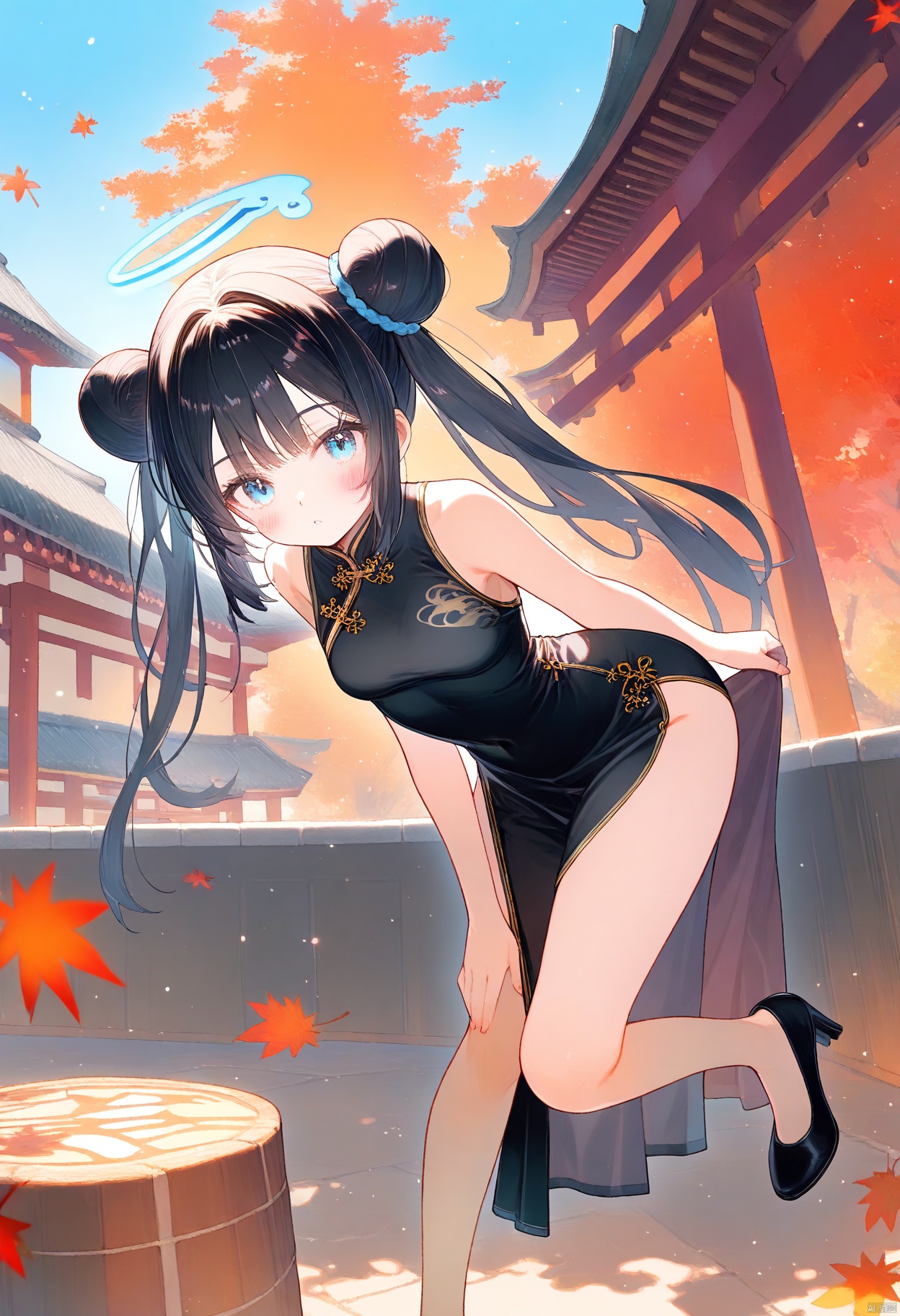 1girl, solo, long hair, breasts, looking at viewer, blush, bangs, blue eyes, simple background, black hair, dress, twintails, standing, full body, sleeveless, alternate costume, hair bun, black footwear, black dress, high heels, double bun, leaning forward, sleeveless dress, blue background, halo, chinese clothes, hand on own chest, china dress , eye trail,backlighting,depth of field,cinematic lighting,light particles,lens flare, (artist:quasarcake:0.8),extreme aesthetic,(wlop:0.6),honjou honjou raita,lack,rella,wanke, raita,lack,rella ,wanke,masterpiece,best quality,good quality,newest,year 2024,year 2023,very aesthetic,absurdres,Visual impact,A shot with tension, ultra-high resolution,32K UHD,sharp focus,best quality,masterpiece,Emotionalization,unconventional supreme masterpiece,masterful details,temperate atmosphere,with a high end texture,in the style of fashion photography, (Visual impact:1.2),giving the poster a dynamic and visually striking appearance,impactful picture,offcial art,colorful,splash of color,movie perspective, masterpiece,best quality,amazing quality,very aesthetic,absurdres,best quality,newest

