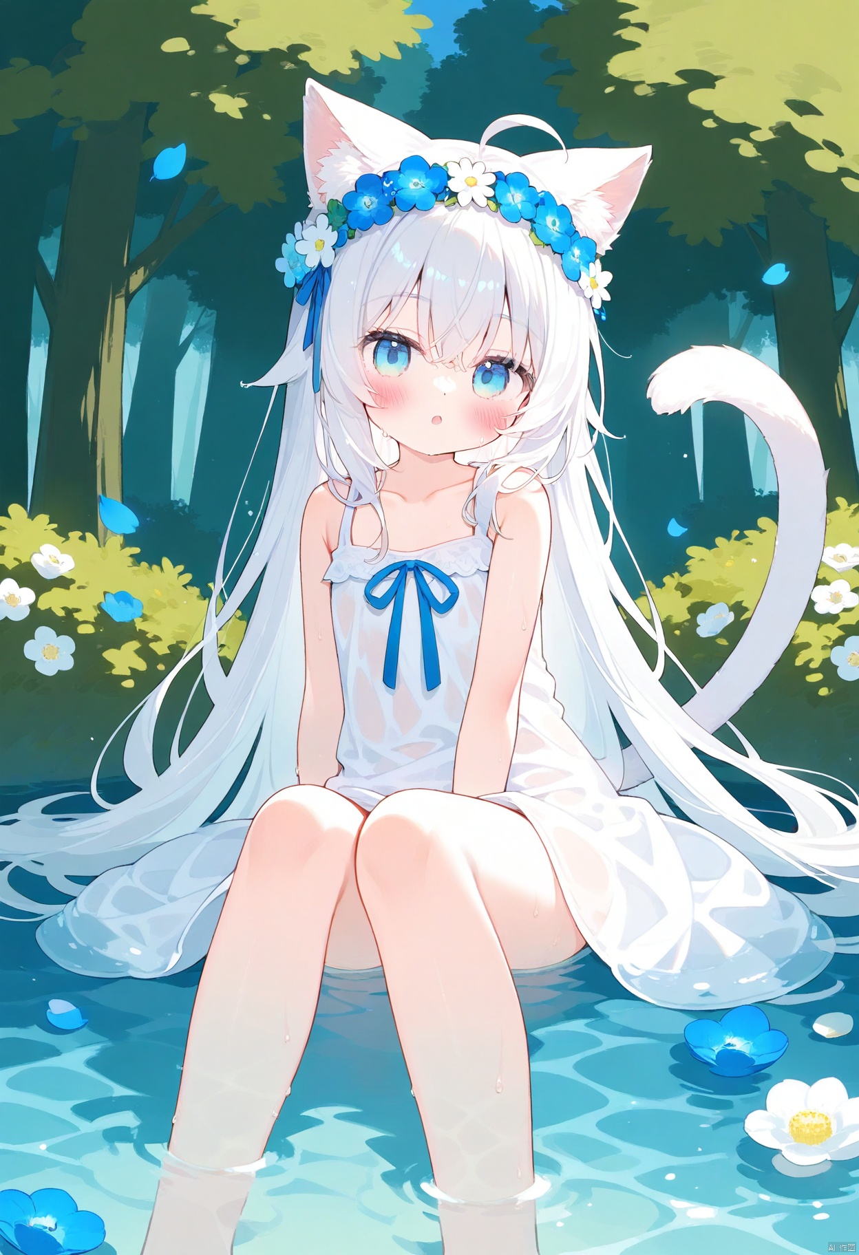 chen_bin,tsubasa_tsubasa,1girl, solo, long hair, looking at viewer, blush, bangs, blue eyes, hair ornament, dress, ribbon, animal ears, hair between eyes, bare shoulders, sitting, very long hair, collarbone, tail, flower, ahoge, white hair, outdoors, parted lips, sleeveless, day, cat ears, hair flower, water, white dress, :o, tree, wet, cat tail, animal ear fluff, bare arms, petals, sleeveless dress, feet out of frame, white flower, blue ribbon, cat girl, blue flower, head wreath, tail raised, flower wreath, shallow water
