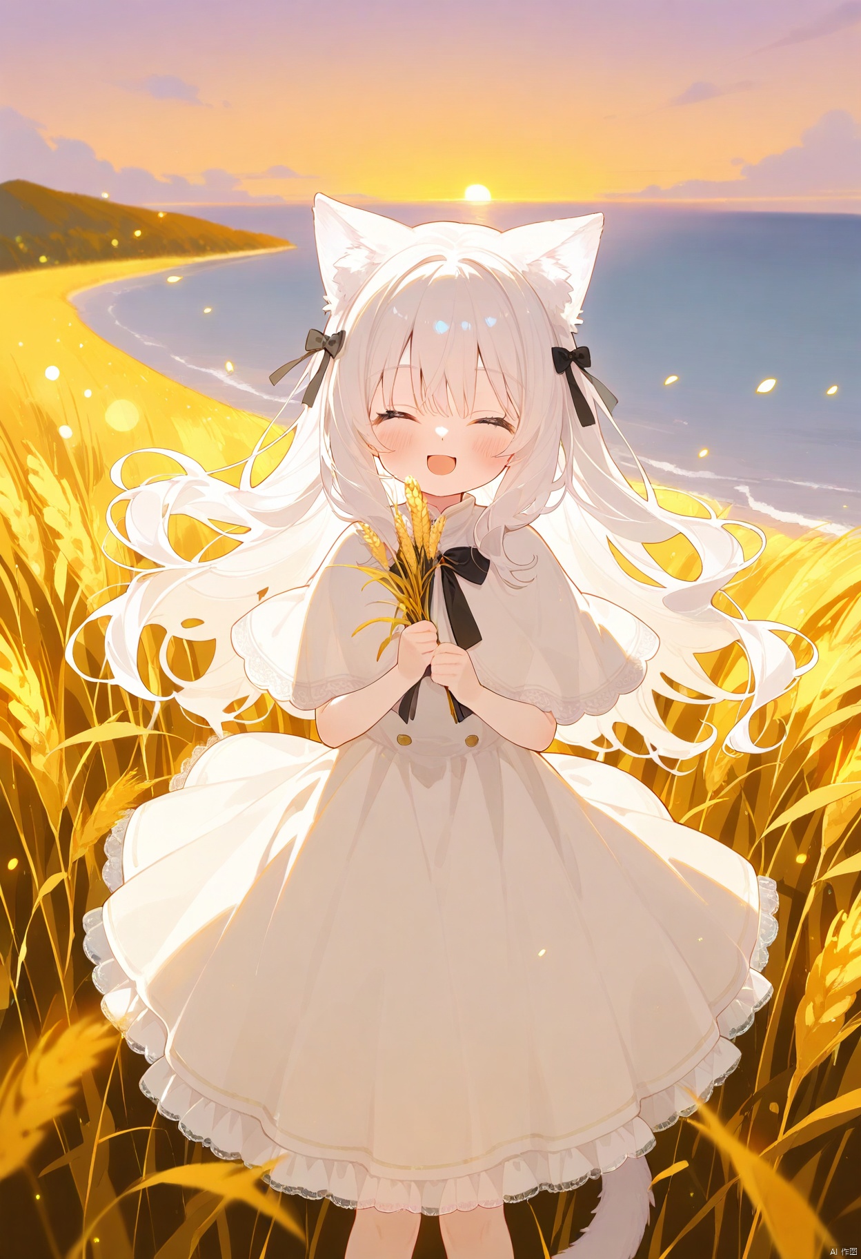 chen_bin,tsubasa_tsubasa,from above, 1girl, loli, (solo), catgirl, cat ears, white hair, cat tail, closed eyes, (smile), open mouth, skirt, white dress, white capelet, long hair, wavy hair, fluffy hair, bow, black bow, blush, capelet, lace trim, sunset, long dress, dusk, scenery, gold sky, high place, horizon, wheat field, wheat ears, wind, wind blow, looking at viewer, (depth of field), bokeh, holding a wheat ears, holding, tail, outdoors, feet out of frame, animal ears, ^ ^
