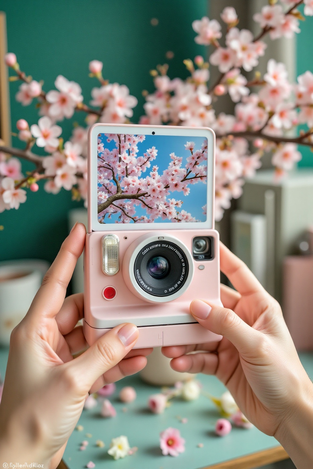 Score_9,  desktop close-up,  a pale pink Polaroid camera on Tensor.Art