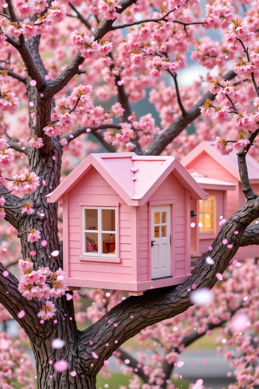 Score_9,  Close-up: The specially designed tree house allows you to feel the beauty of spring. Several pink square houses...