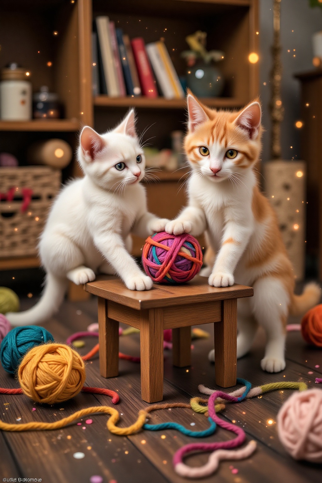 Top quality. Inspiration: A ball of yarn. Visuals: Two adorable cats,  a white cat and an orange tabby,  are playing with...