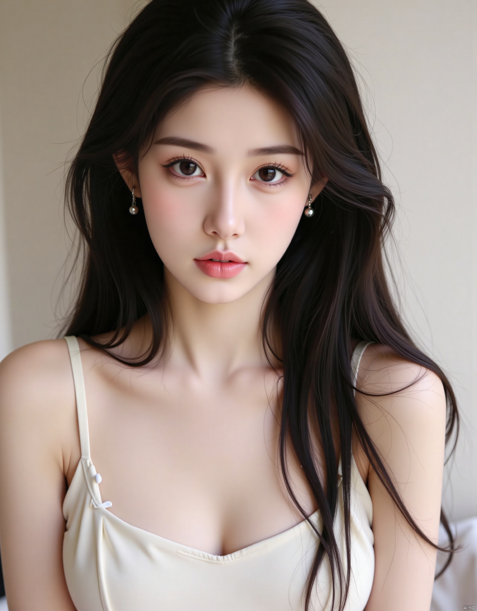 1girl, solo, long hair, breasts, looking at viewer, black hair, bare shoulders, jewelry, upper body, earrings, parted lips, indoors, black eyes, lips, strap slip, realistic, nose