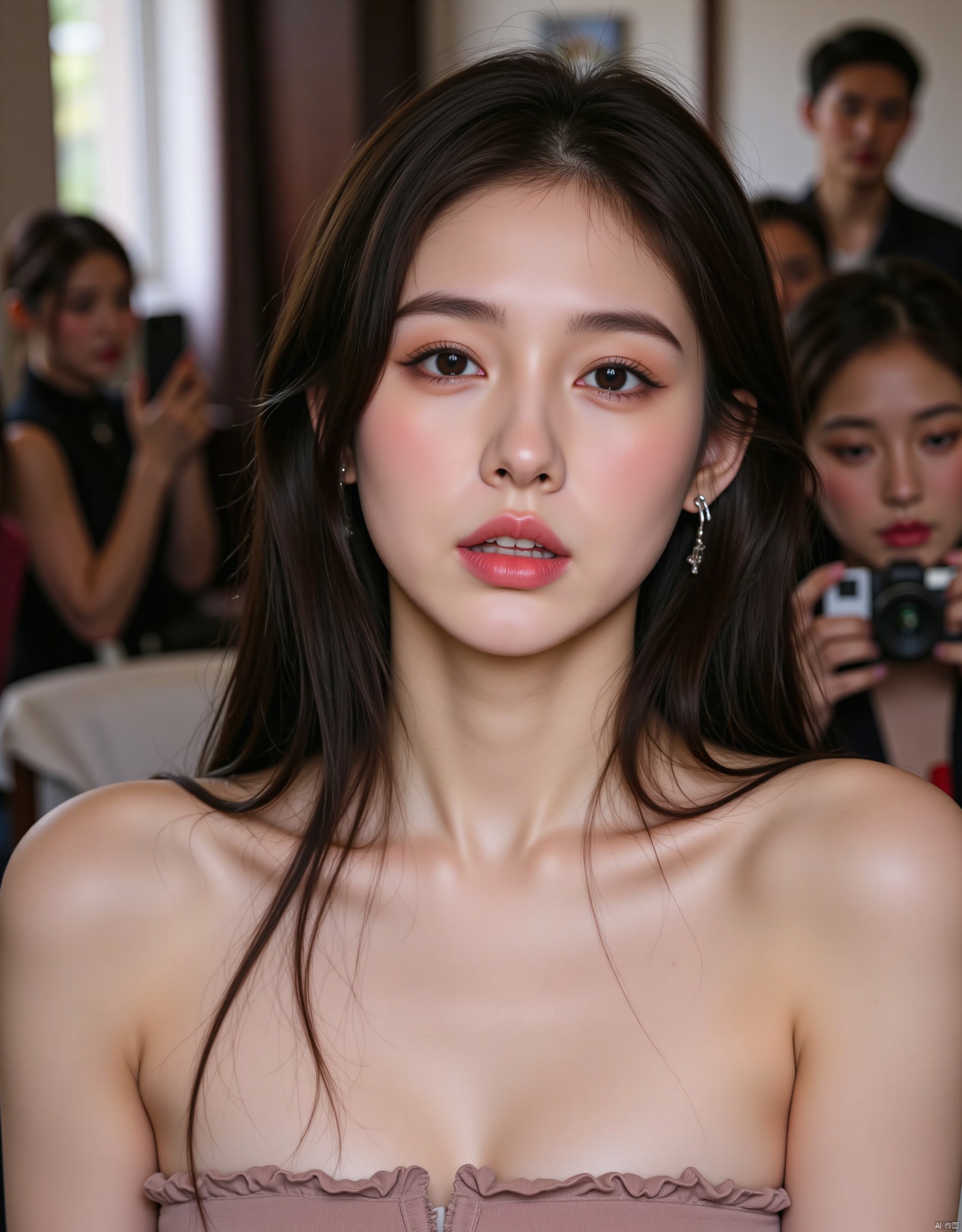 1 girl, solo, long hair, chest, cleavage, looking at the audience, black hair, bare shoulders, strapless, jewelry, upper body, earrings, parted lips, indoor, black eyes, lips, realistic,