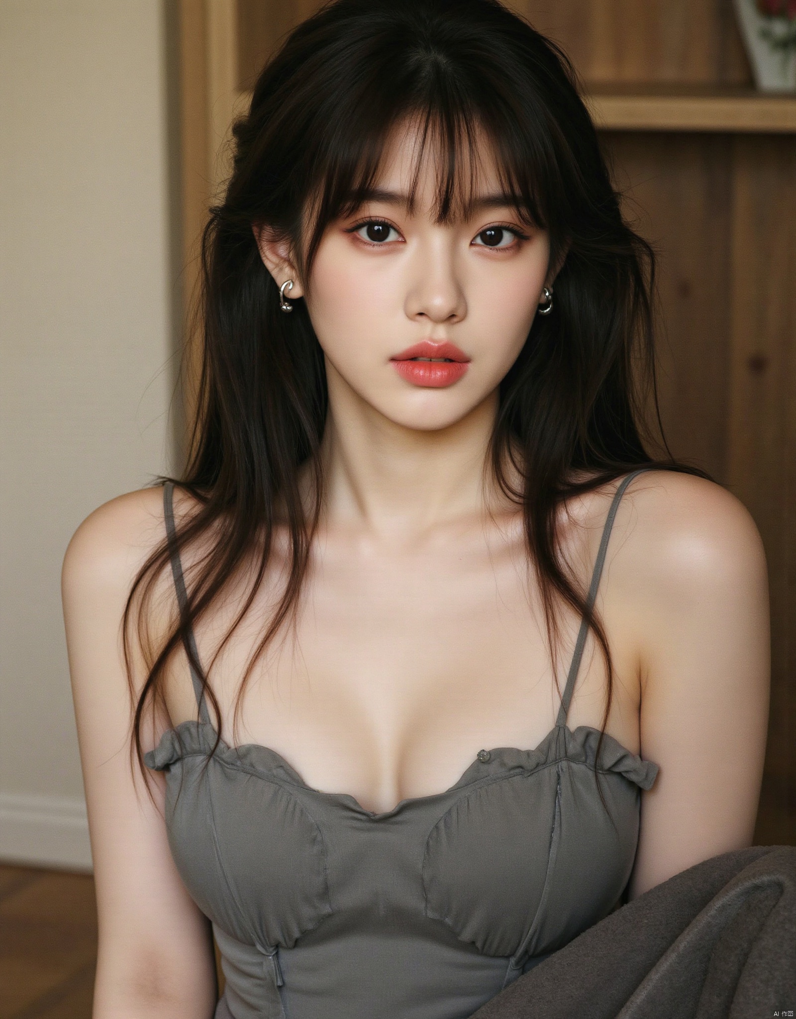 1 girl, solo, long hair, big breasts, big cleavage, looking at the audience, black hair, bare shoulders, strapless, jewelry, upper body, earrings, parted lips, indoor, black eyes, lips, realistic,