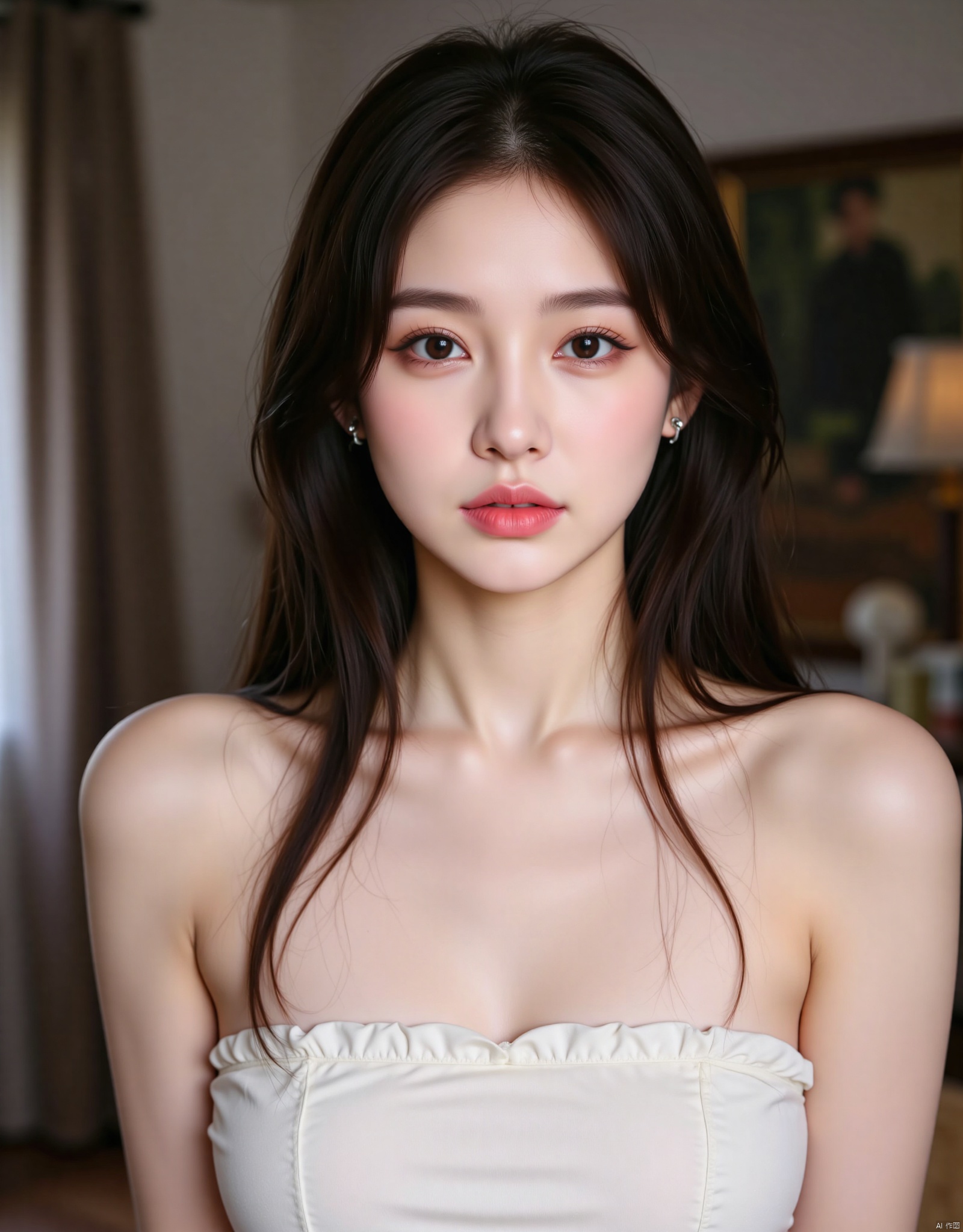 1 girl, solo, long hair, chest, cleavage, looking at the audience, black hair, bare shoulders, strapless, jewelry, upper body, earrings, parted lips, indoor, black eyes, lips, realistic,