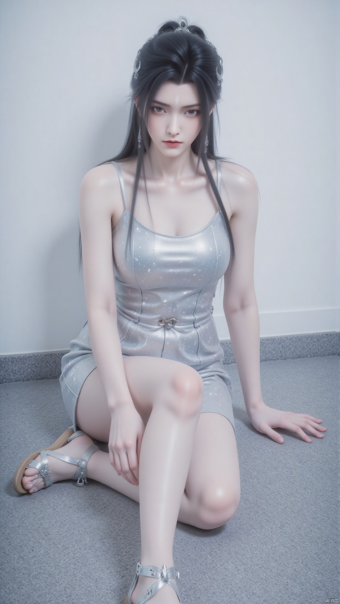 A young Asian woman sits on the floor covered with a gray carpet. She was wearing a silver sleeveless dress adorned with small diamond shaped patterns. Her hair was combed back into a bun, and her eyes were deep blue. She was wearing a pair of silver lace up sandals. Her left hand is on the floor and her right hand is on her buttocks. The background is a pure white wall, adding a touch of contrast to the scene.