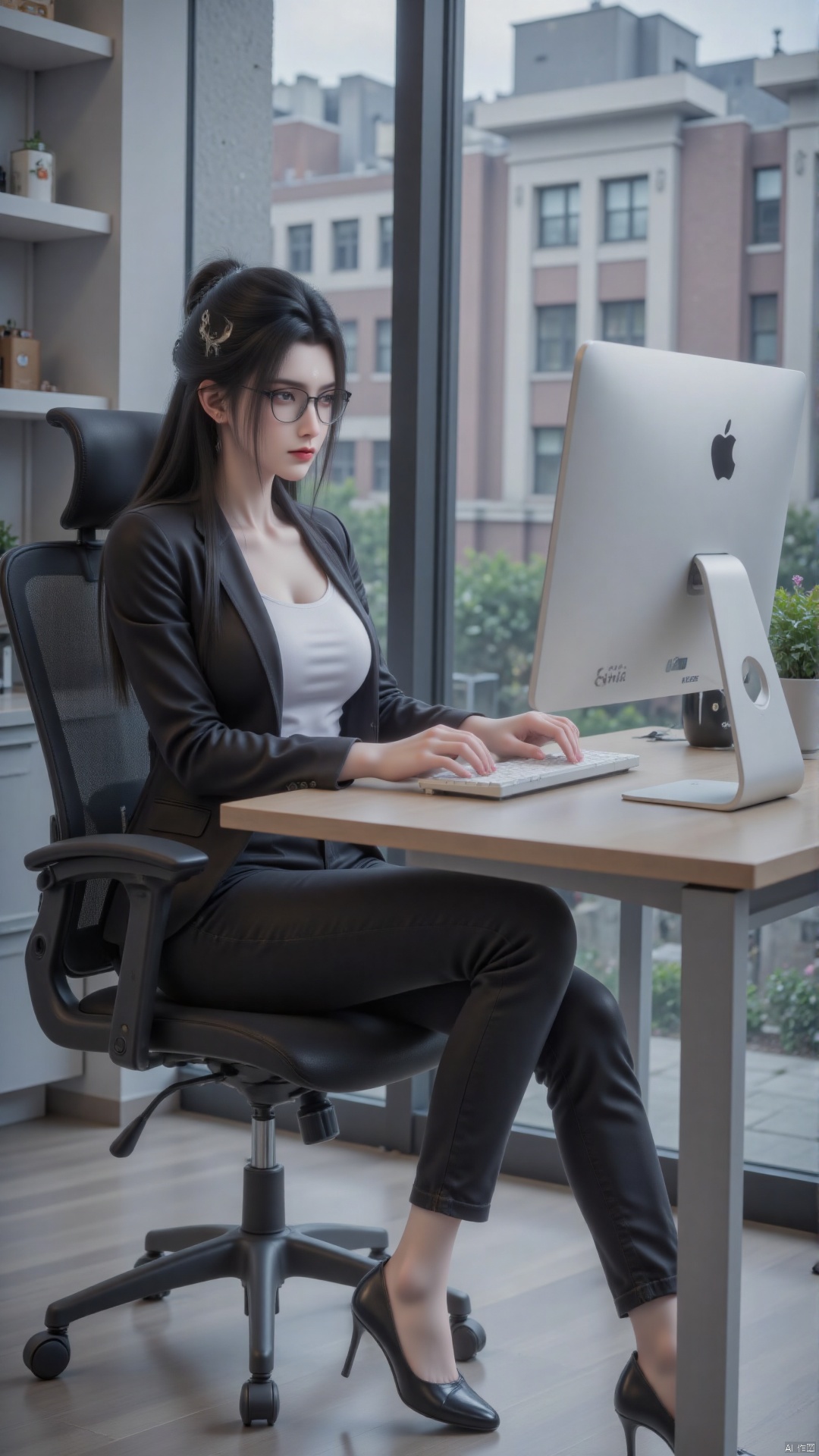 A girl wearing glasses is sitting on a chair playing computer
Side shooting
Border glasses
solo
Long hair
Moderate chest
Watching the audience
Western-style trousers
Open collar button up shirt
Black long hair
Long legs 
Tall guy
Long sleeves
Keep your mouth shut
A faint smile
clavicle
Jacket
within four walls
Black jacket
french window
Red lips
Black high heels
Office lady
full
Office with natural light
bright
You can see tall buildings outside the glass window
Office facilities
computer
keyboard