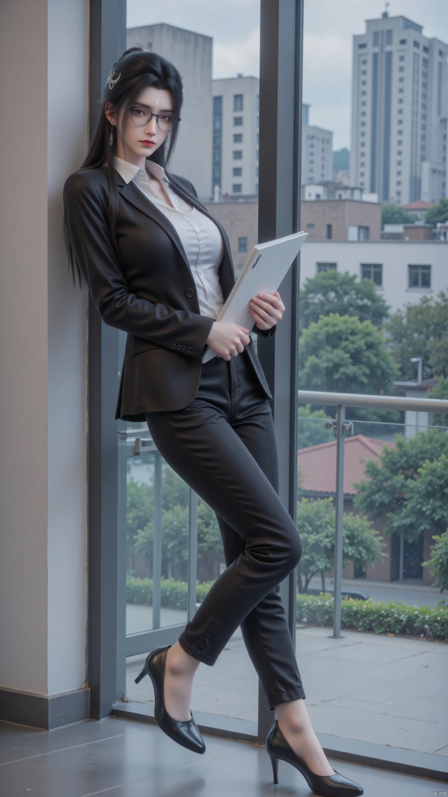 A girl wearing glasses holding a folder
Border glasses
solo
Long hair
Moderate chest
Watching the audience
Black trousers
White open collar button up shirt
Black long hair
Long legs 
Black high heels
Tall guy
Long sleeves
Keep your mouth shut
A faint smile
clavicle
Jacket
within four walls
Black jacket
french window
Red lips
Office lady
An office filled with natural light
You can see tall buildings outside the glass window
Office facilities