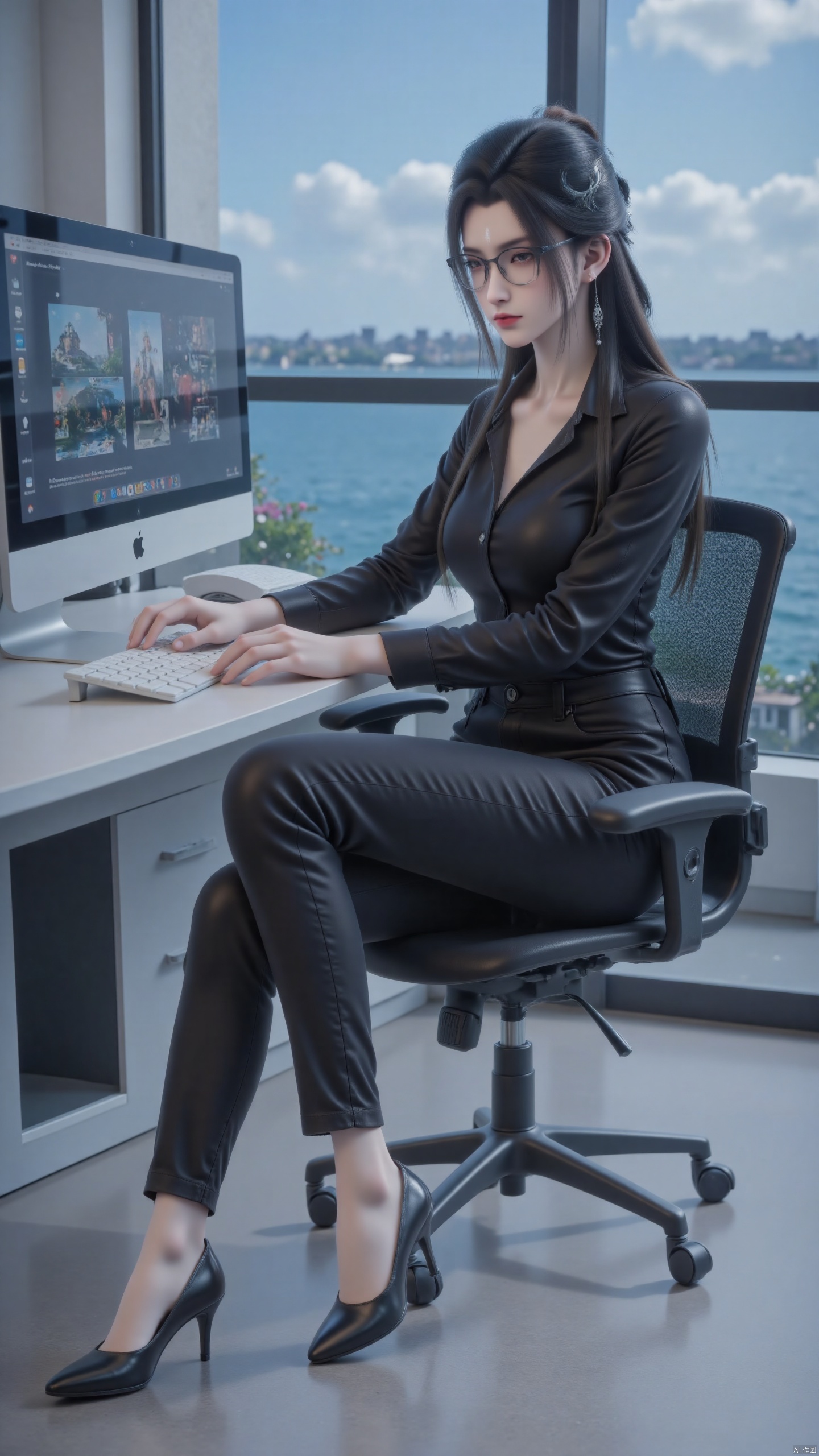 A girl wearing glasses is sitting on a chair playing computer
The sunlight shone on her face
Side shooting
Border glasses
solo
Long hair
Moderate chest
Watching the audience
Western-style trousers
Open collar button up shirt
Black long hair
Long legs 
Tall guy
Long sleeves
Keep your mouth shut
A faint smile
clavicle
Jacket
within four walls
Black jacket
french window
Red lips
Black high heels
Office lady
Sunlight exposure
A bright office filled with natural light
You can see the blue sea and blue sky with white clouds outside the glass window.
Office facilities
computer
Keyboard. Mouse.
32K, ultra clear, depth of field, ultra wide angle. A masterpiece. Details. Surrealism.