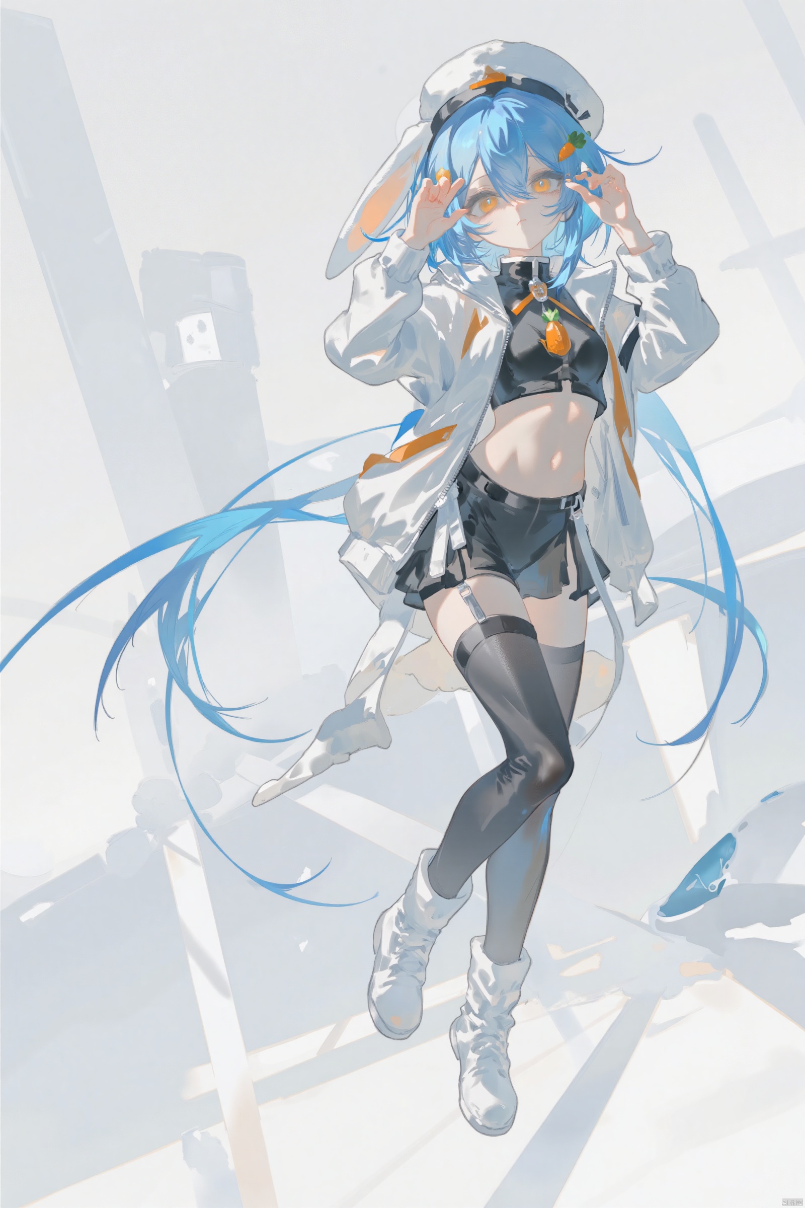1girl, solo, looking at viewer, short hair, bangs, hair ornament, thighhighs, long sleeves, hat, holding, animal ears, hair between eyes, blue hair, jacket, tail, boots, hairclip, black thighhighs, virtual youtuber, rabbit ears, orange eyes, animal ear fluff, white headwear, white footwear, white jacket, rabbit tail, rabbit girl, food-themed hair ornament, carrot, carrot hair ornament, usada pekora