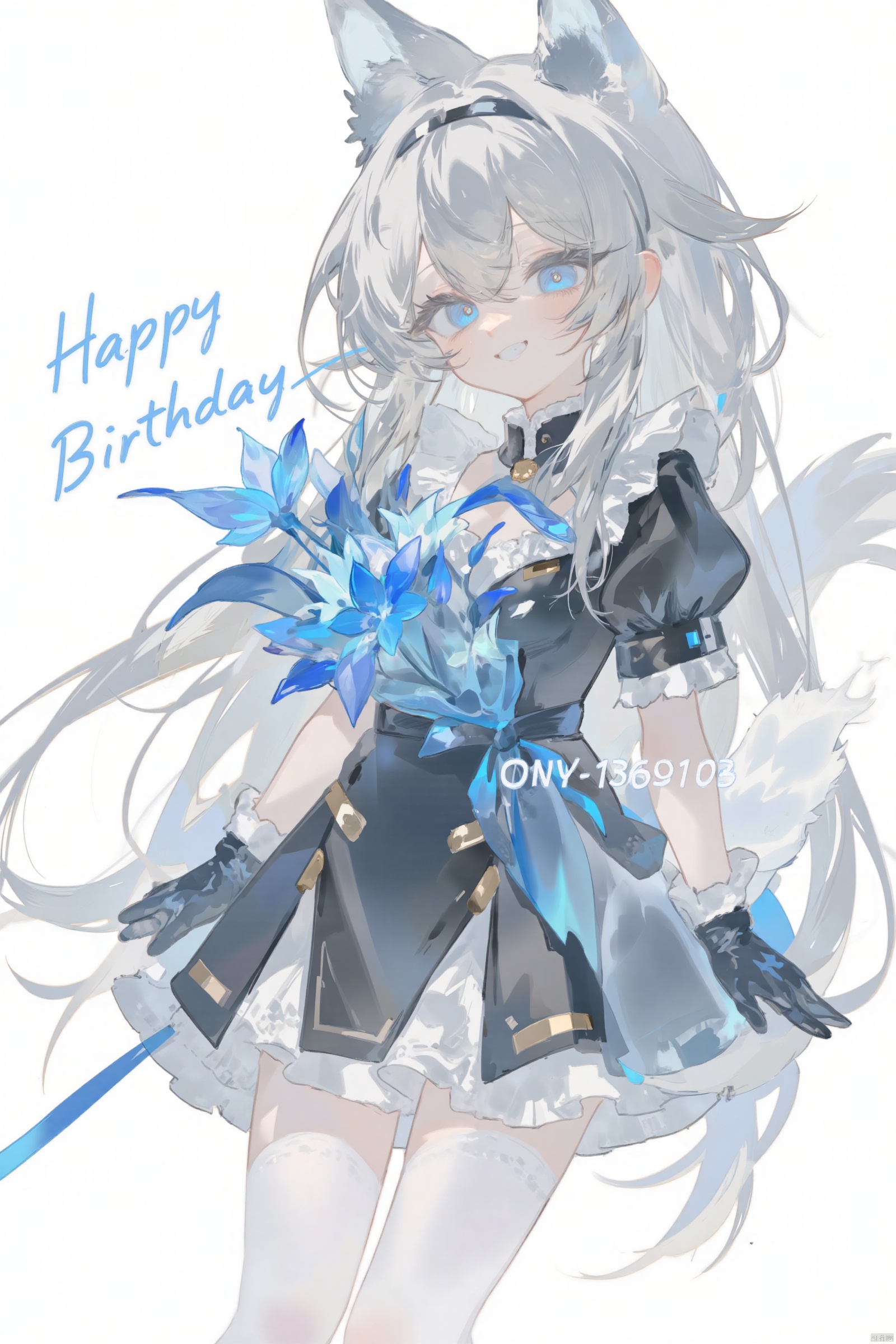 1girl, solo, long hair, smile, bangs, blue eyes, gloves, white background, dress, holding, animal ears, tail, flower, grey hair, black gloves, black dress, dated, english text, feet out of frame, happy birthday, white pantyhose, blue flower, bouquet, holding bouquet