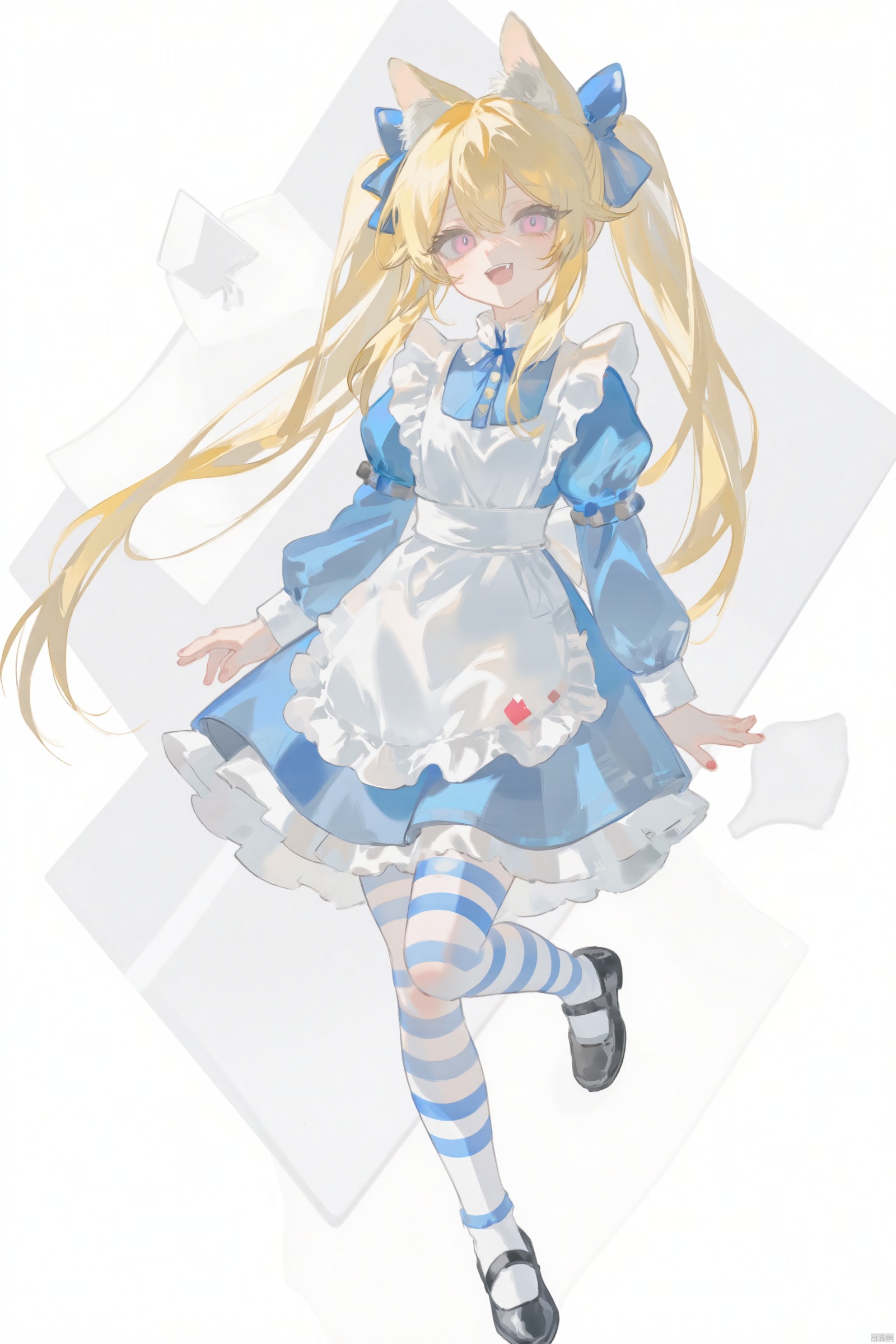 1girl, solo, long hair, looking at viewer, smile, open mouth, blonde hair, long sleeves, white background, dress, bow, animal ears, hair between eyes, twintails, very long hair, standing, hair bow, pantyhose, shoes, fang, striped, puffy sleeves, pink eyes, black footwear, apron, blue dress, blue bow, standing on one leg, white apron, mary janes, skin fang, striped bow, card, playing card, diamond \(shape\), striped pantyhose, alice \(alice in wonderland\)