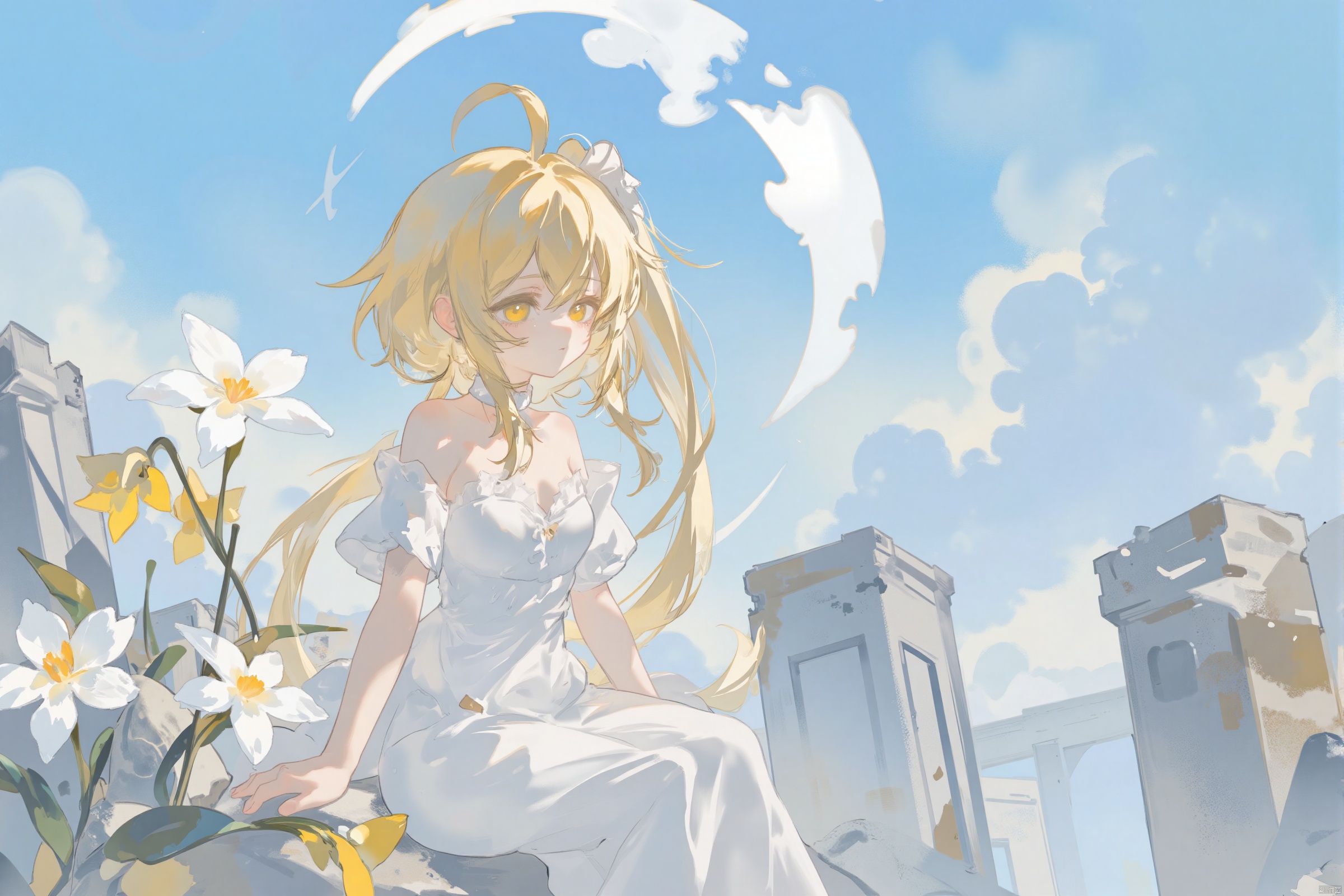 1girl, solo, bangs, blonde hair, dress, bare shoulders, sitting, closed mouth, collarbone, yellow eyes, flower, short sleeves, outdoors, detached sleeves, sky, day, cloud, white dress, from side, blue sky, profile, plant, white flower, short hair with long locks, yellow flower, ruins, pillar, contrail, lumine \(genshin impact\)